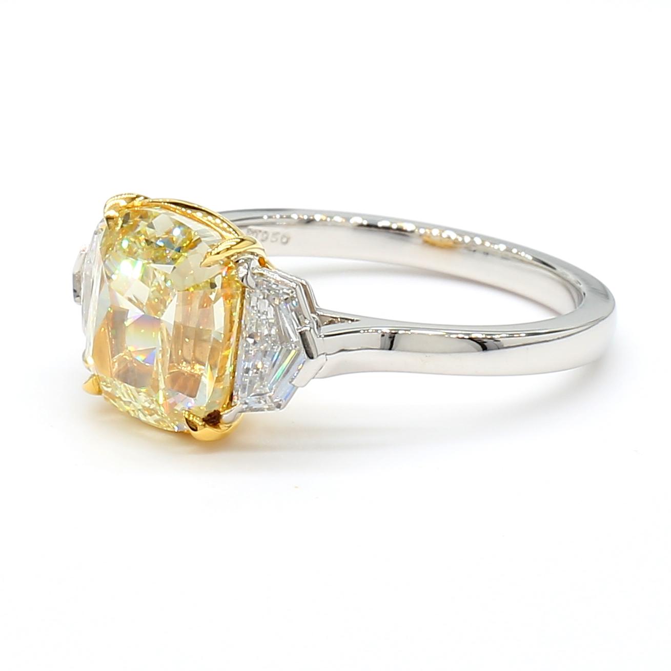 GIA Certified Fancy Light Yellow Cushion Diamond 3.66 Carat TW Platinum Ring