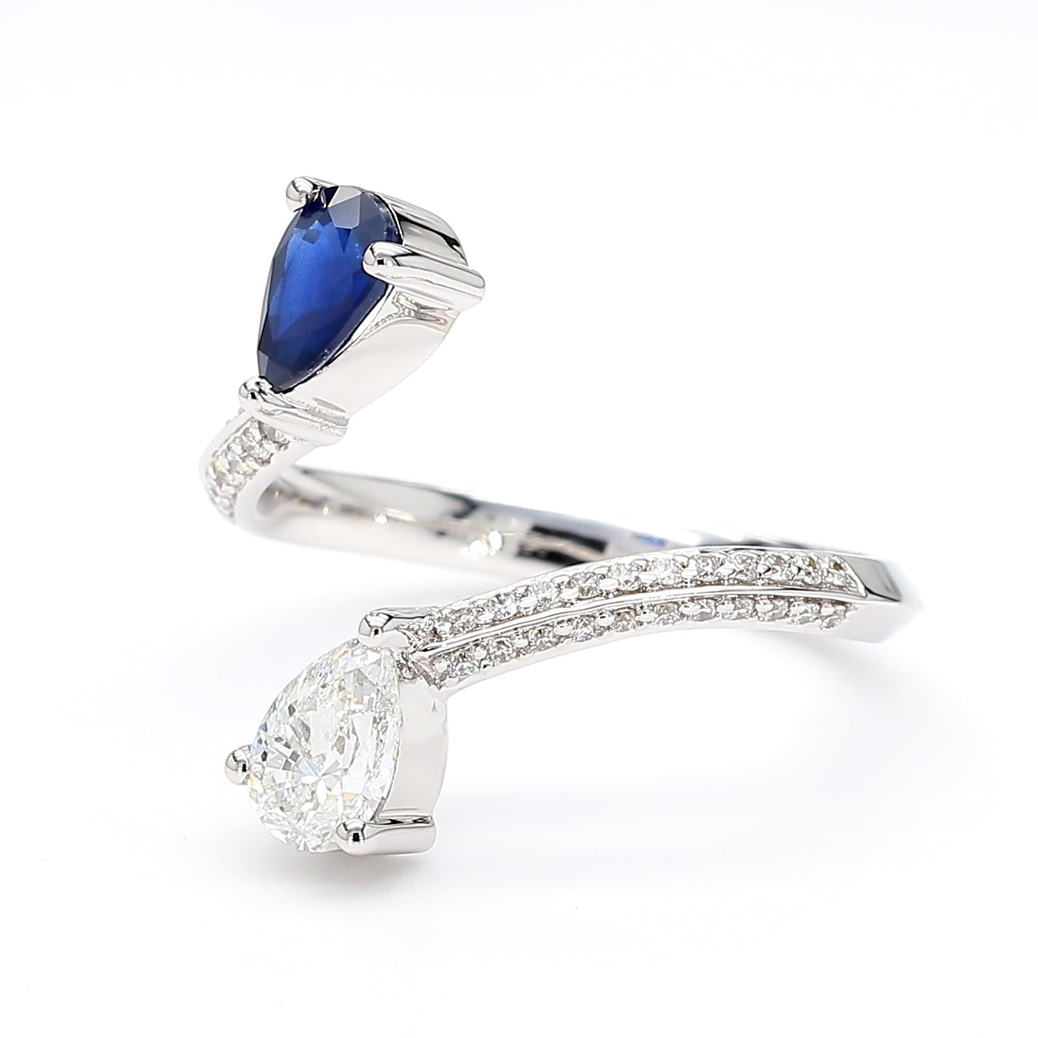 Natural Blue Pear Sapphire and White Diamond 1.19 Carat TW Gold Cocktail Ring