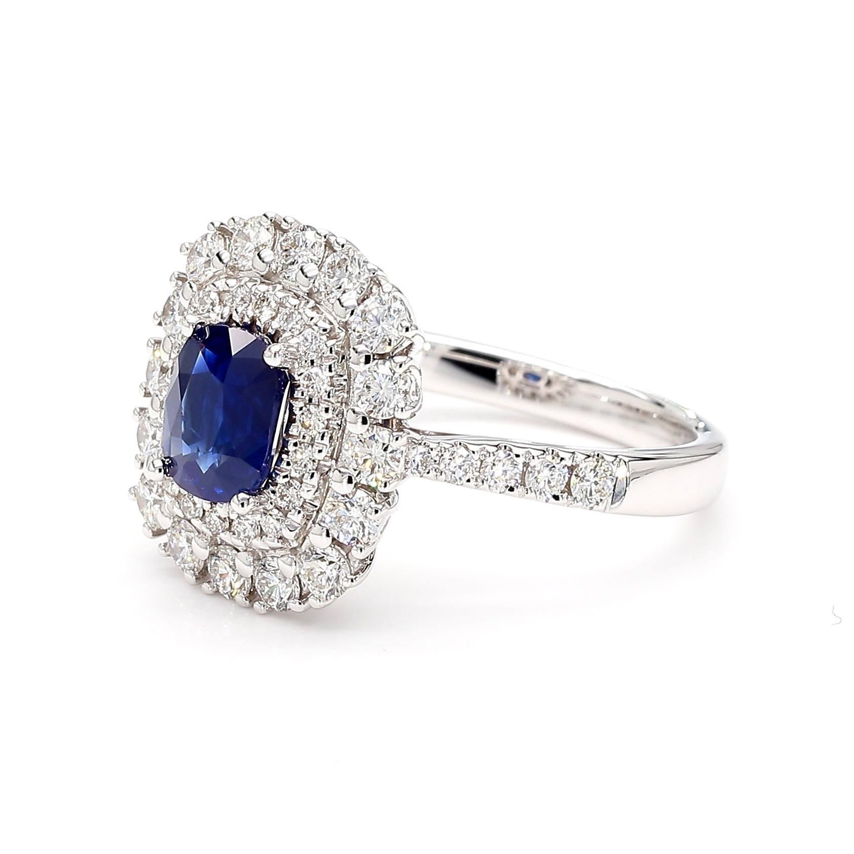 Natural Blue Cushion Sapphire and White Diamond 2.02 Carat TW Gold Cocktail Ring