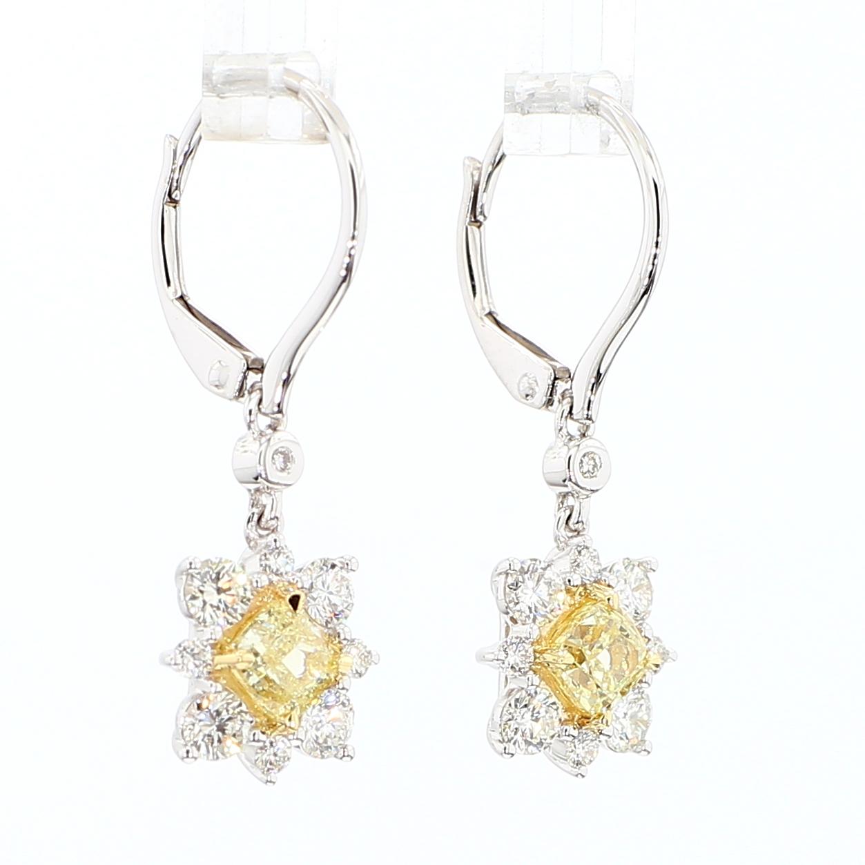 Natural Yellow Cushion Diamond 1.78 Carat TW Gold Drop Earrings