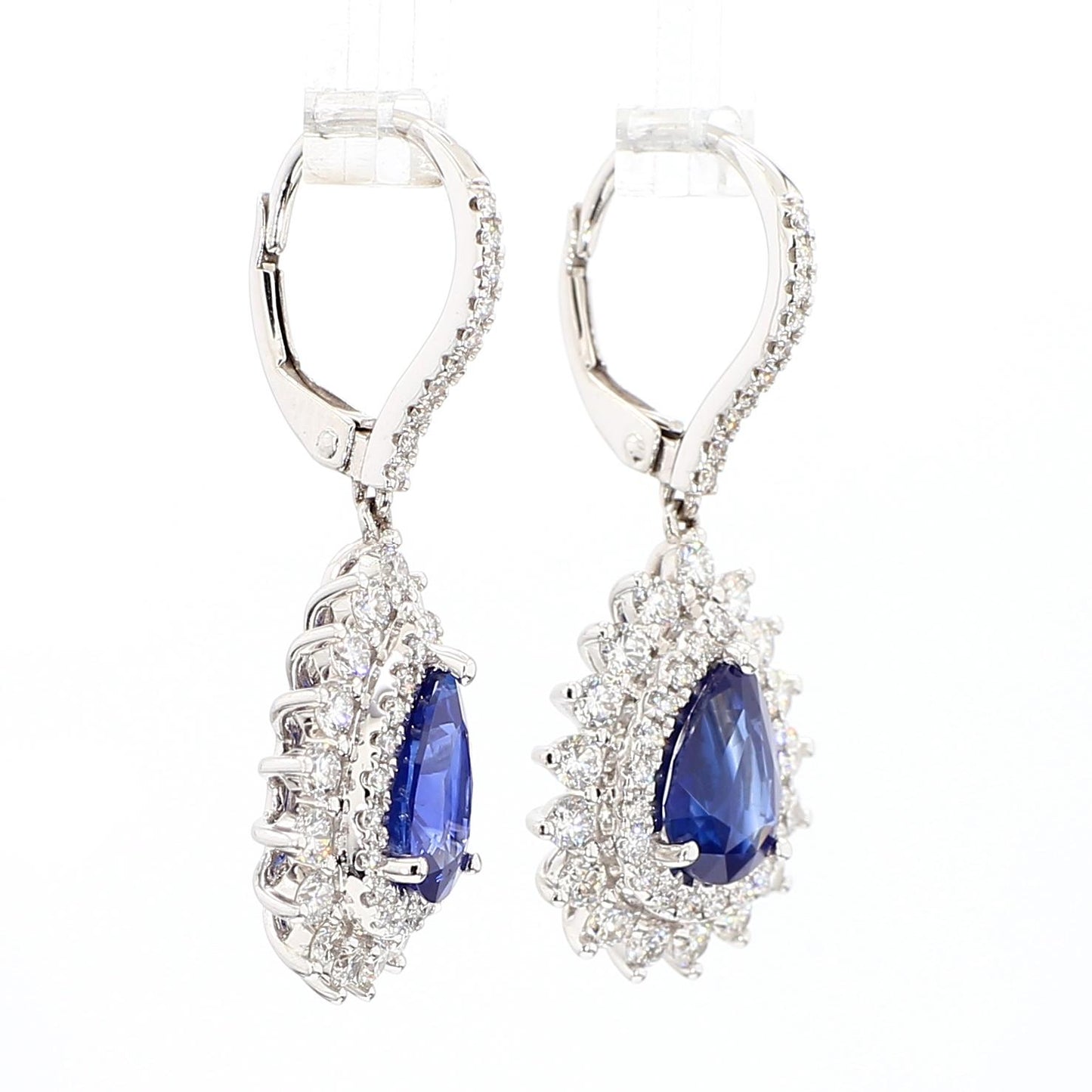 Natural Blue Pear Sapphire and White Diamond 4.40 Carat TW Gold Drop Earrings