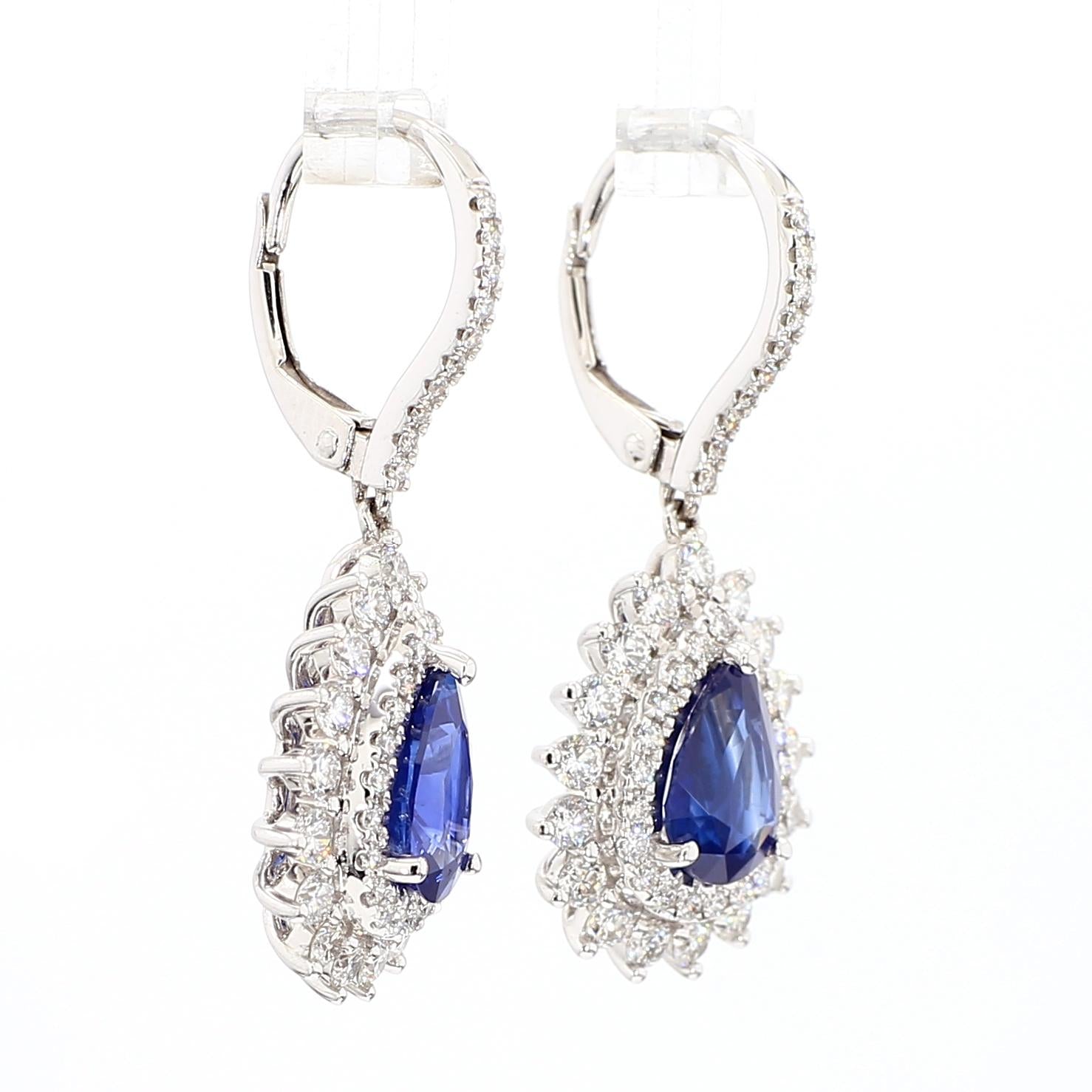 Natural Blue Pear Sapphire and White Diamond 4.40 Carat TW Gold Drop Earrings