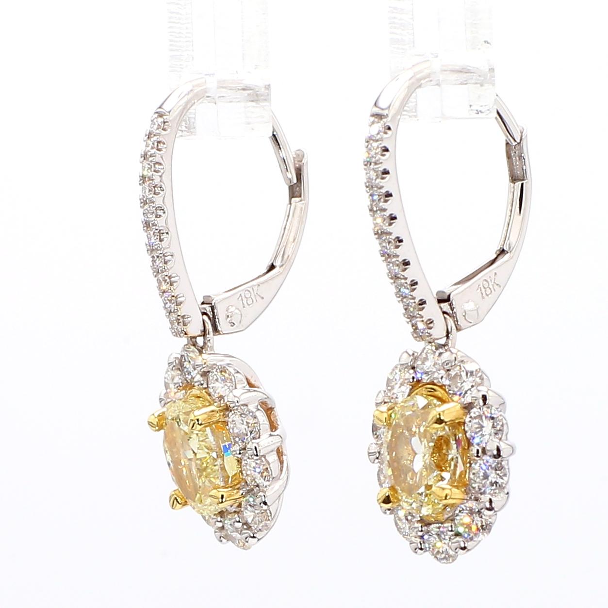 Natural Yellow Oval Diamond 2.17 Carat TW Gold Drop Earrings