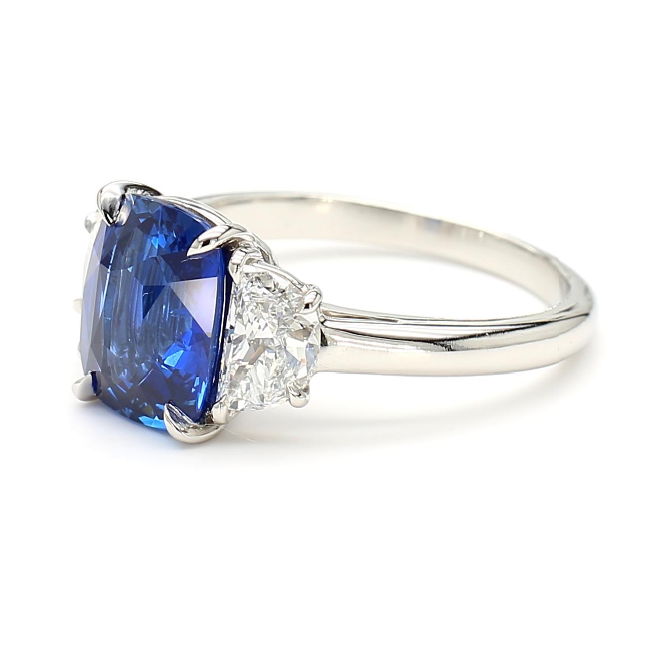 GIA Certified Blue Cushion Sapphire and White Diamond 3.70 Carat TW Plat Ring
