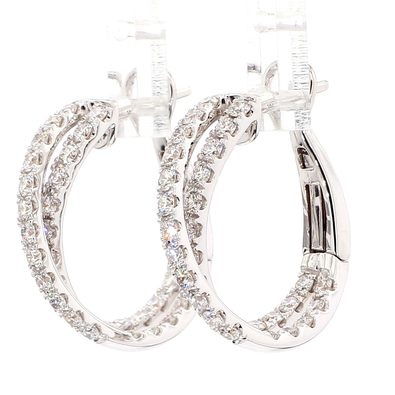 Natural White Round Diamond 1.66 Carat TW White Gold Hoop Earrings