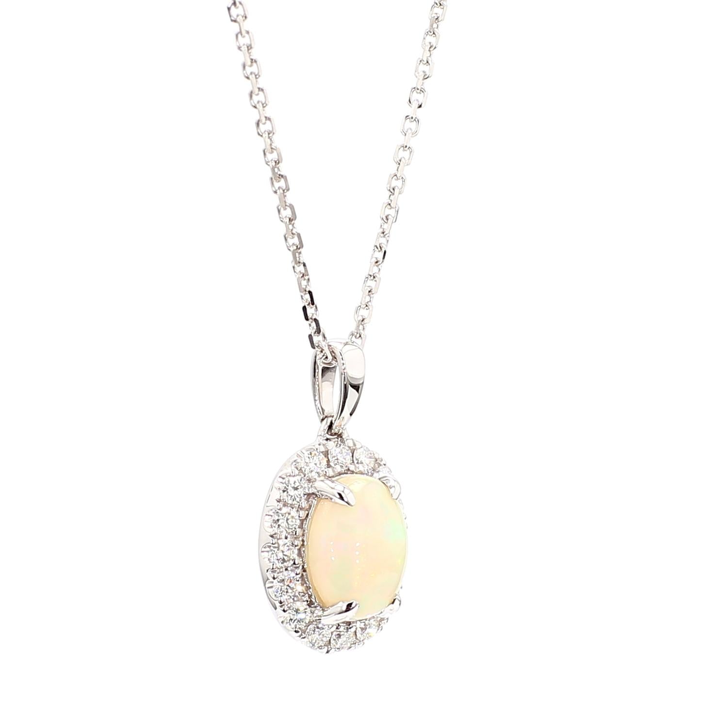 Natural Oval Opal and White Diamond 1.08 Carat TW Gold Drop Pendant