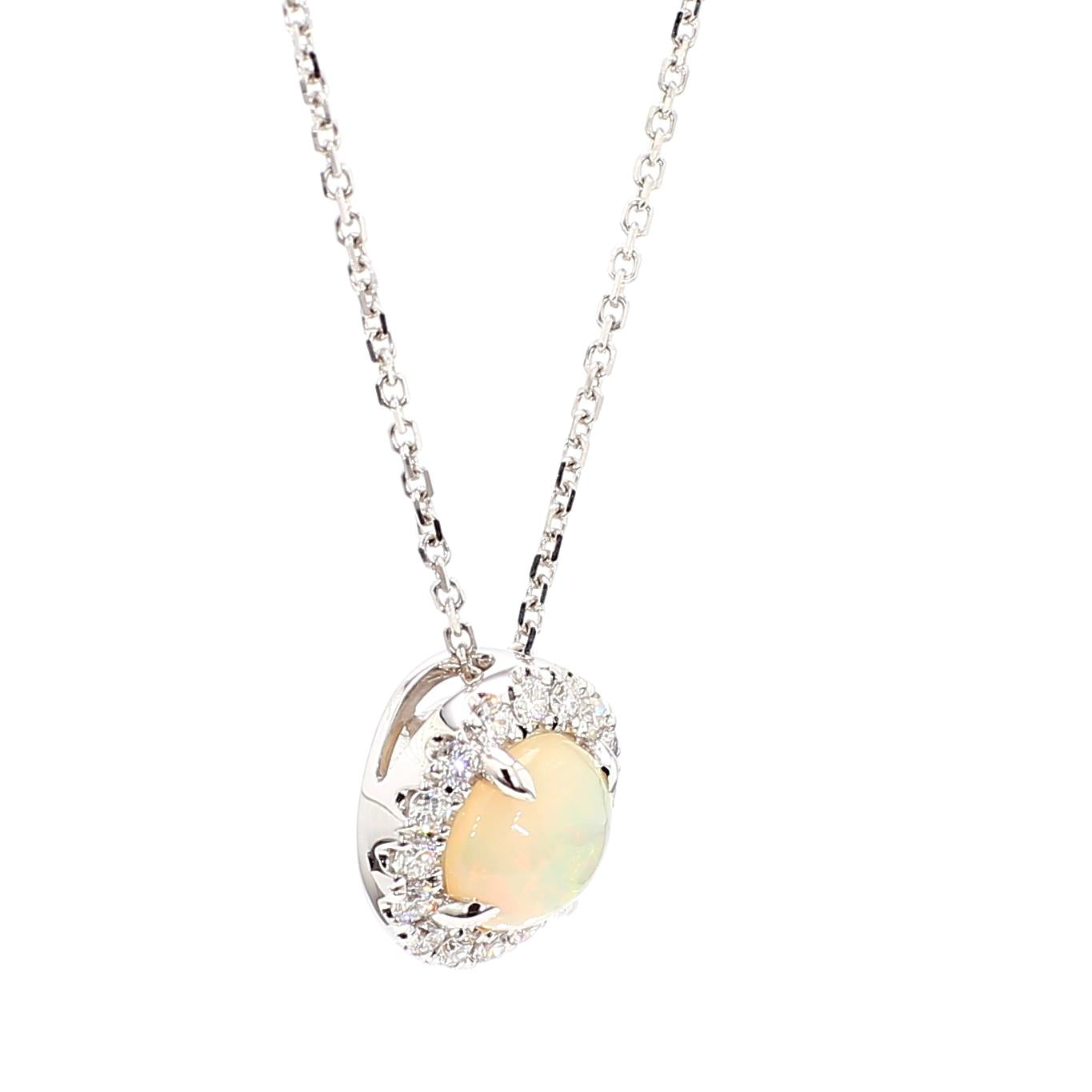 Natural Round Opal and White Diamond 1.16 Carat TW Gold Drop Pendant