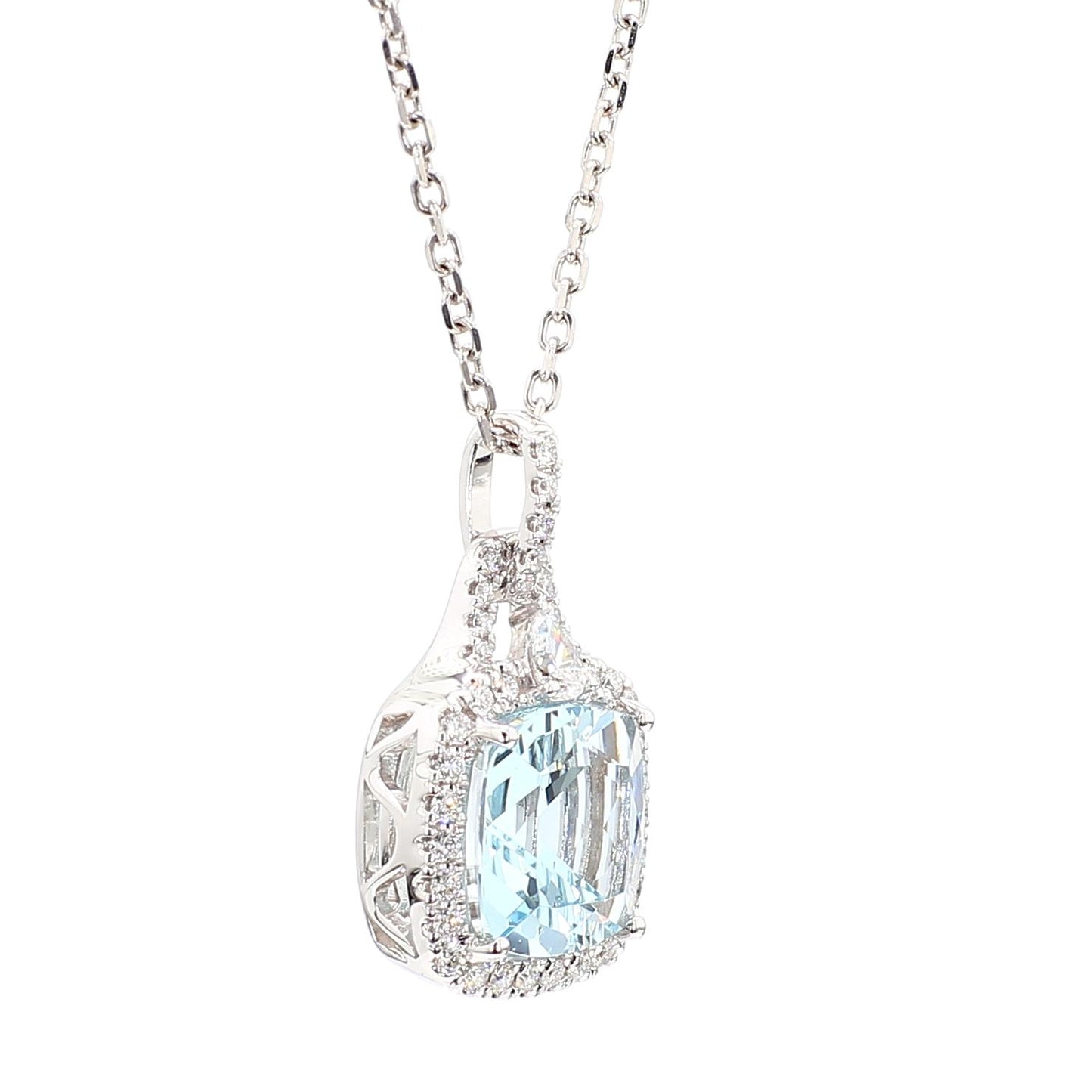 Natural Cushion Aquamarine and White Diamond 2.91 Carat TW Gold Drop Pendant