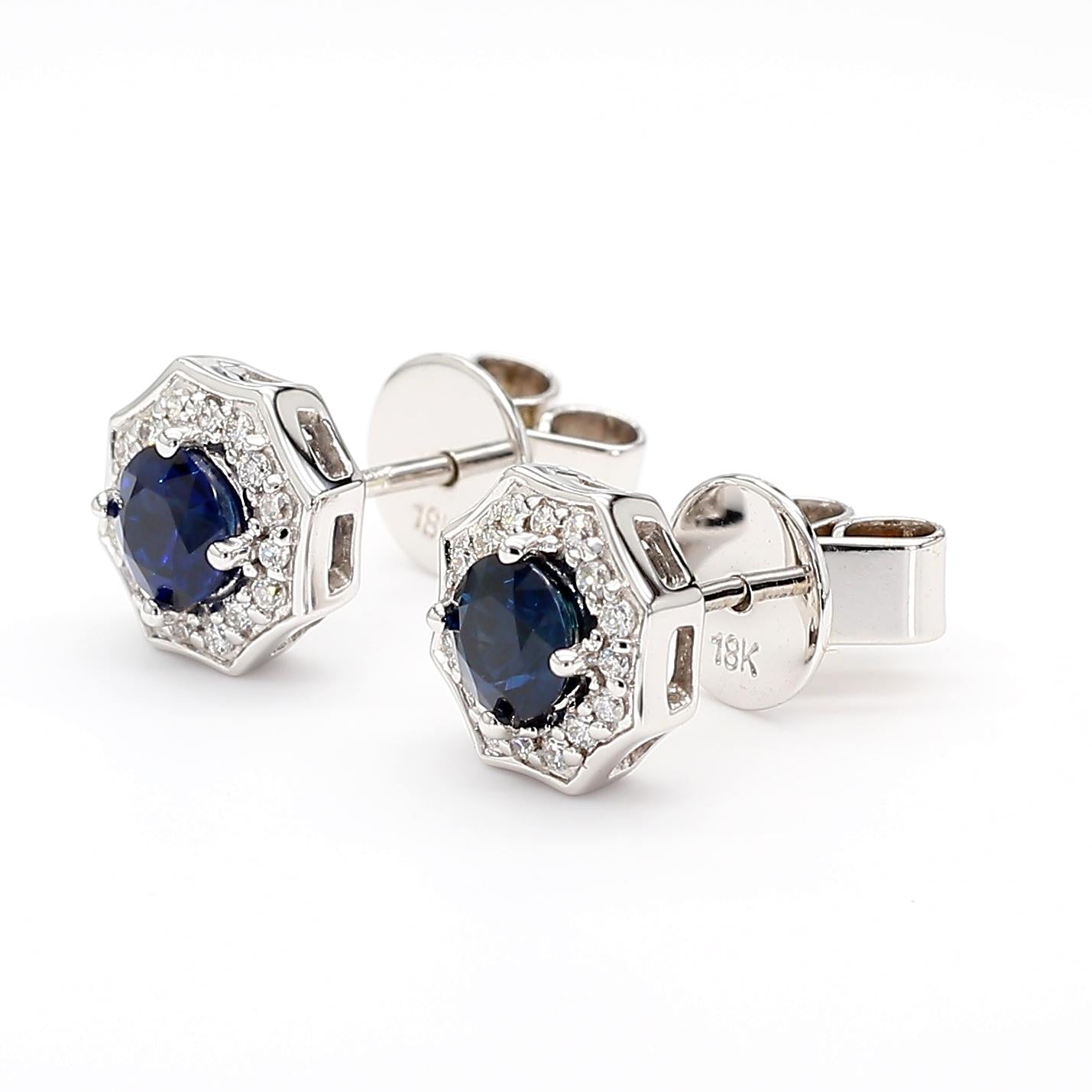 Natural Blue Round Sapphire and Diamond 0.82 Carat TW Gold Stud Earrings
