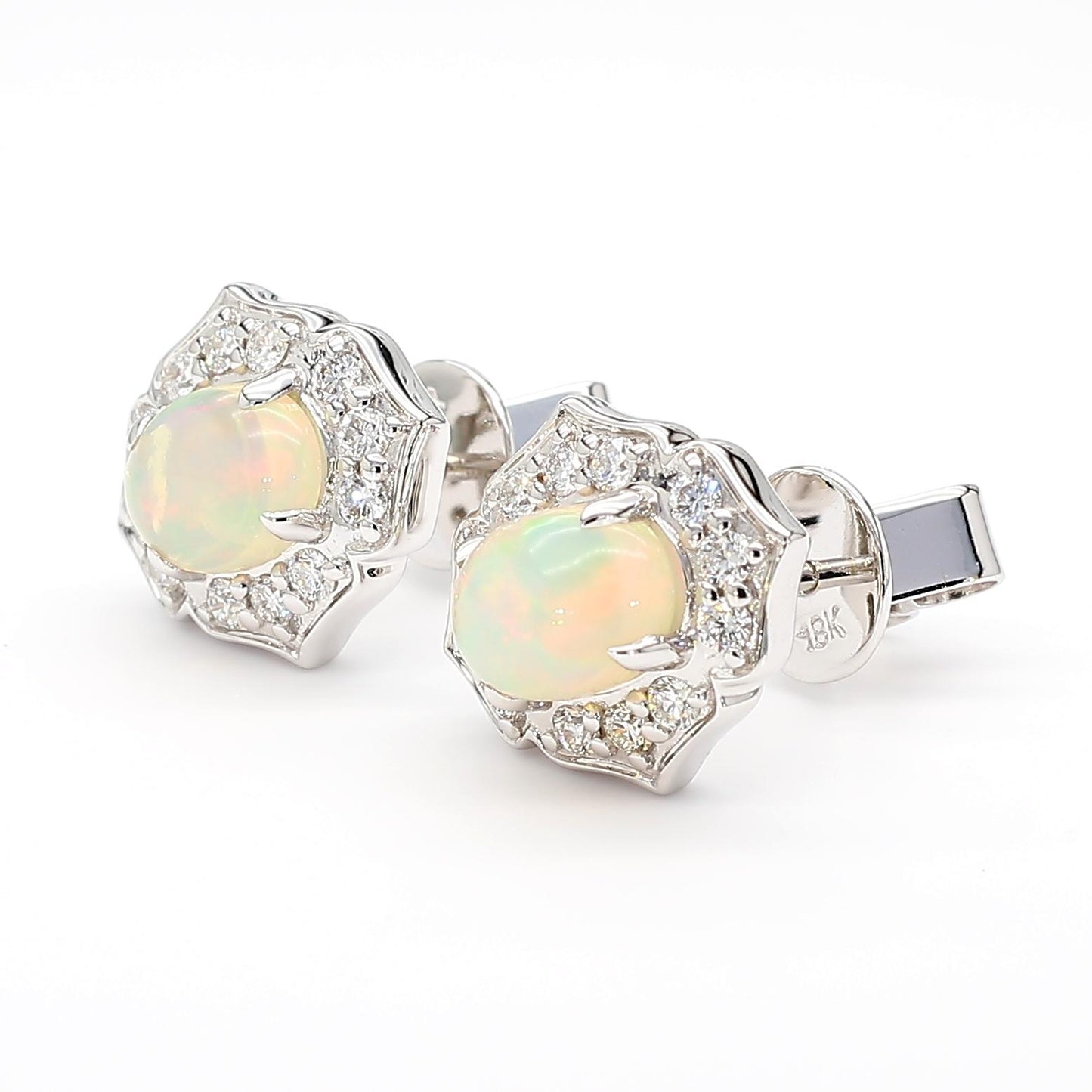 Natural Oval Opal and White Diamond 1.57 Carat TW White Gold Stud Earrings