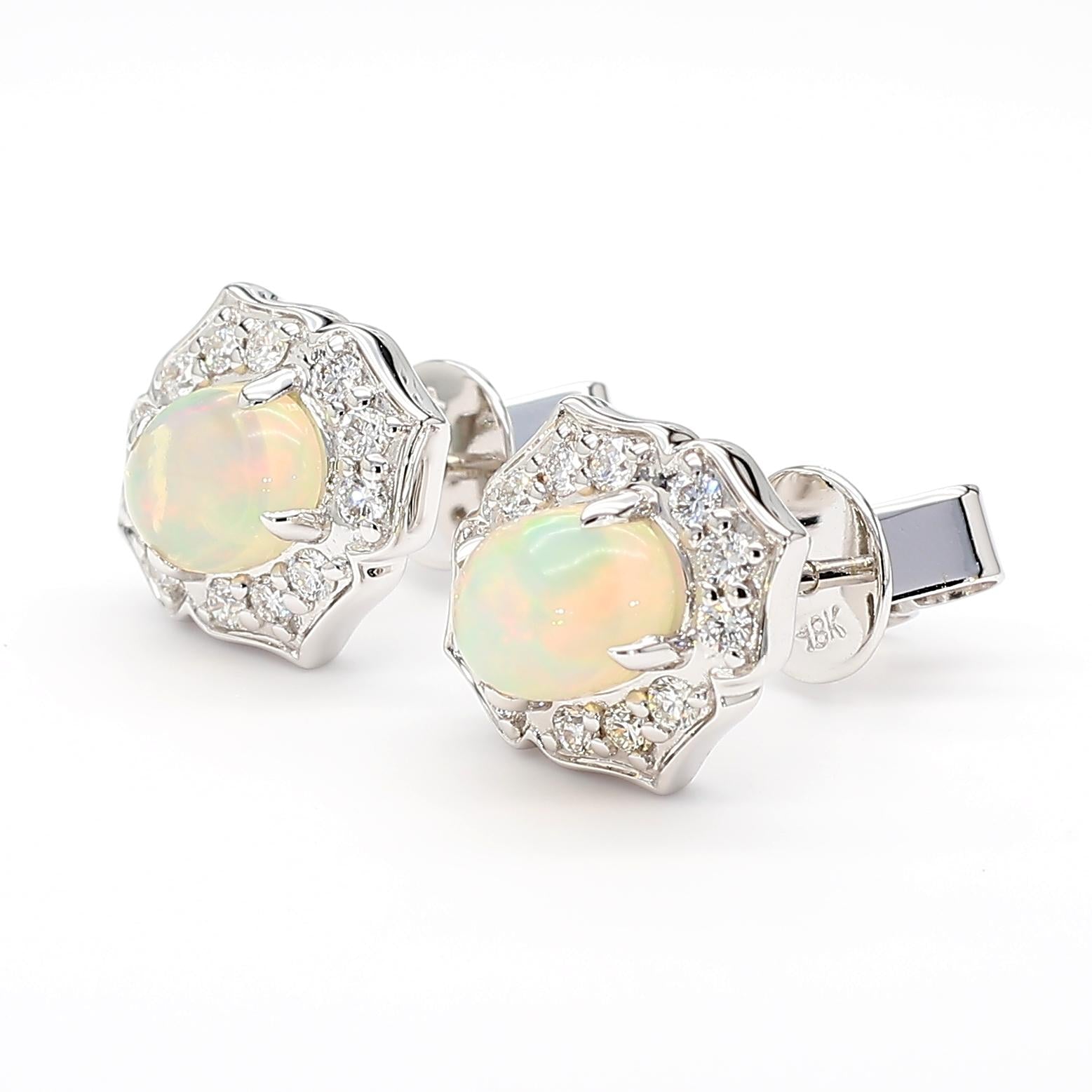 Natural Oval Opal and White Diamond 1.57 Carat TW White Gold Stud Earrings