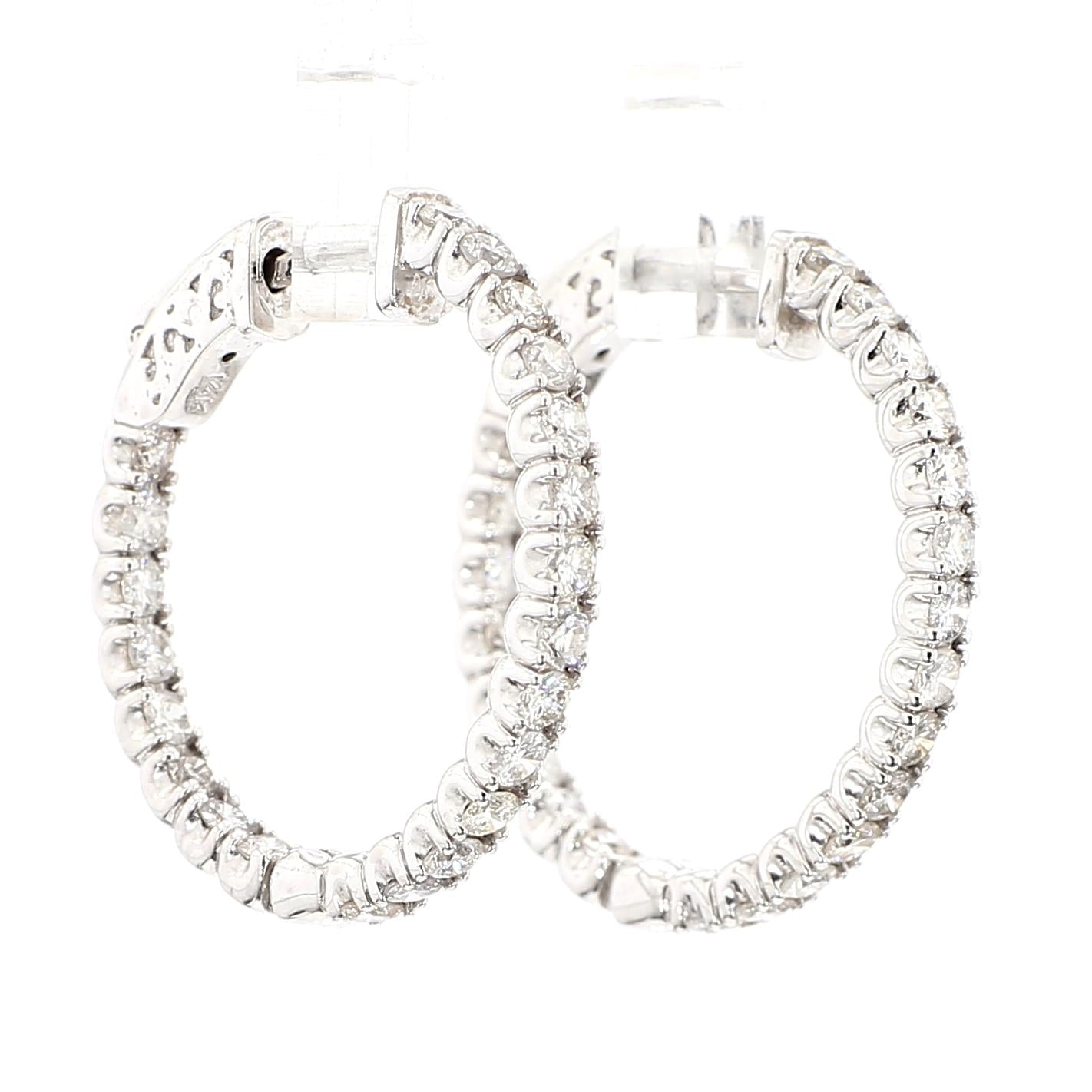 Natural White Round Diamond 1.75 Carat TW White Gold Hoop Earrings