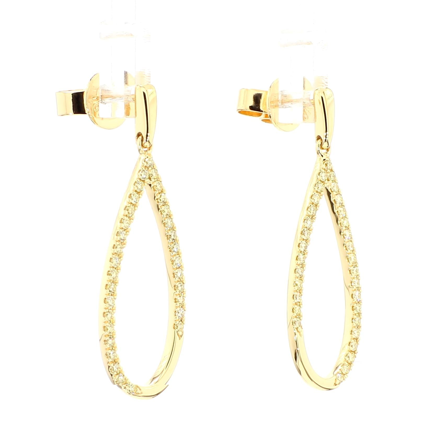 Natural Yellow Round Diamond 0.43 Carat TW Yellow Gold Hoop Earrings