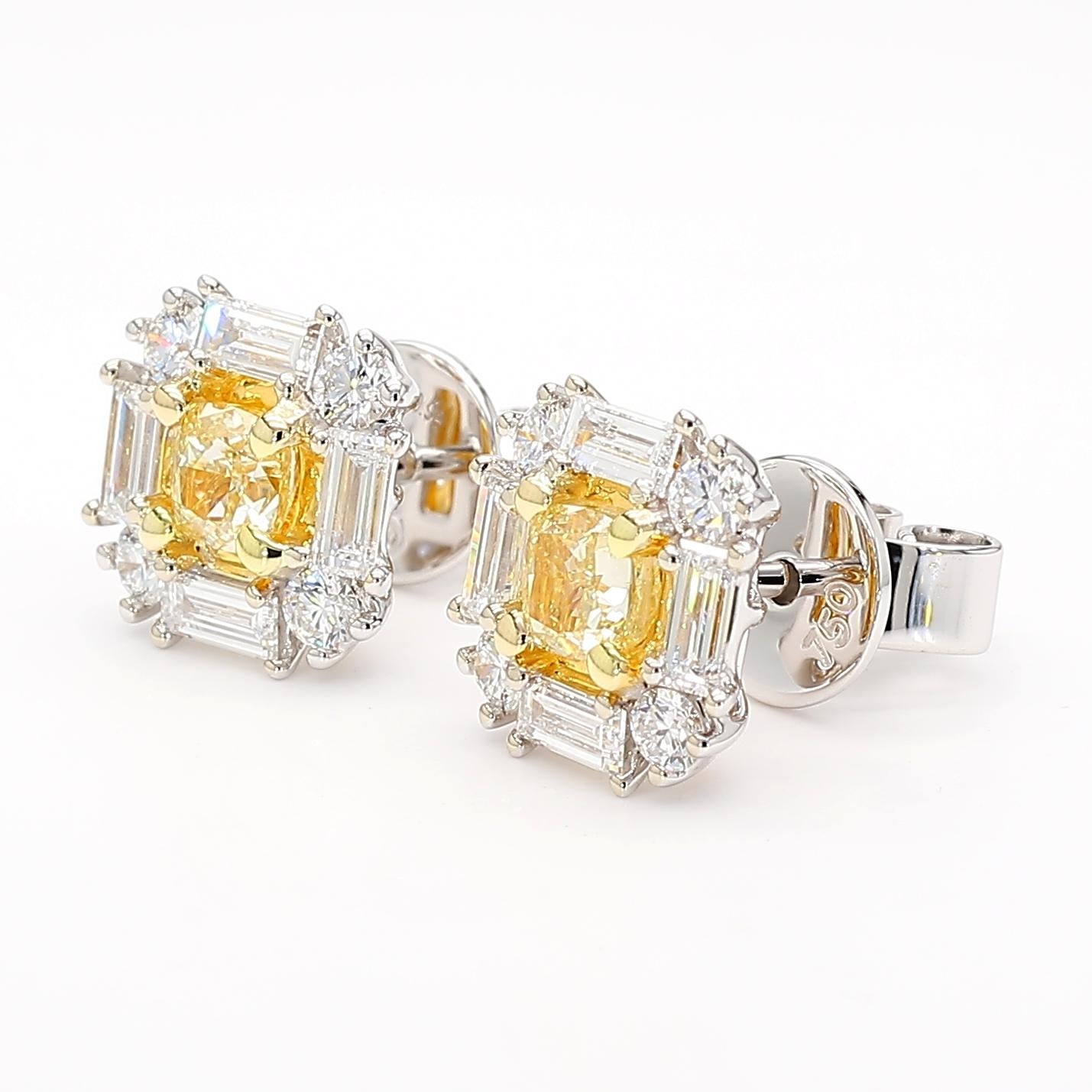 Natural Yellow Cushion Diamond 1.65 Carat TW Gold Stud Earrings