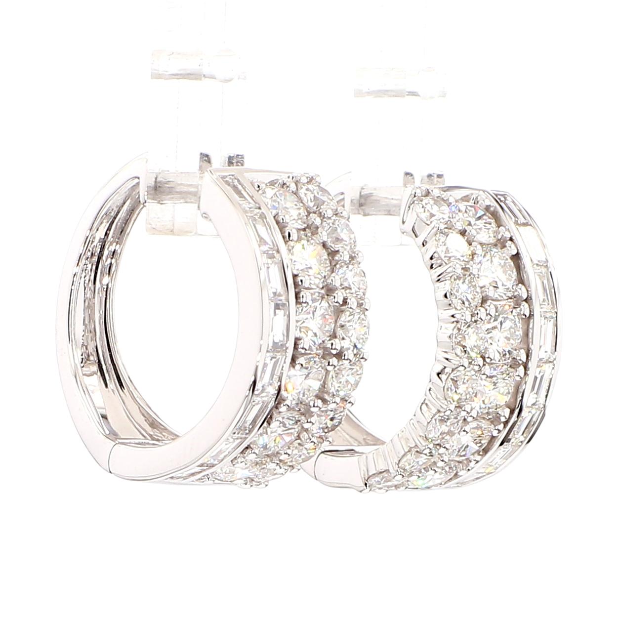 Natural White Baguette Diamond 3.01 Carat TW Gold Hoop Earrings