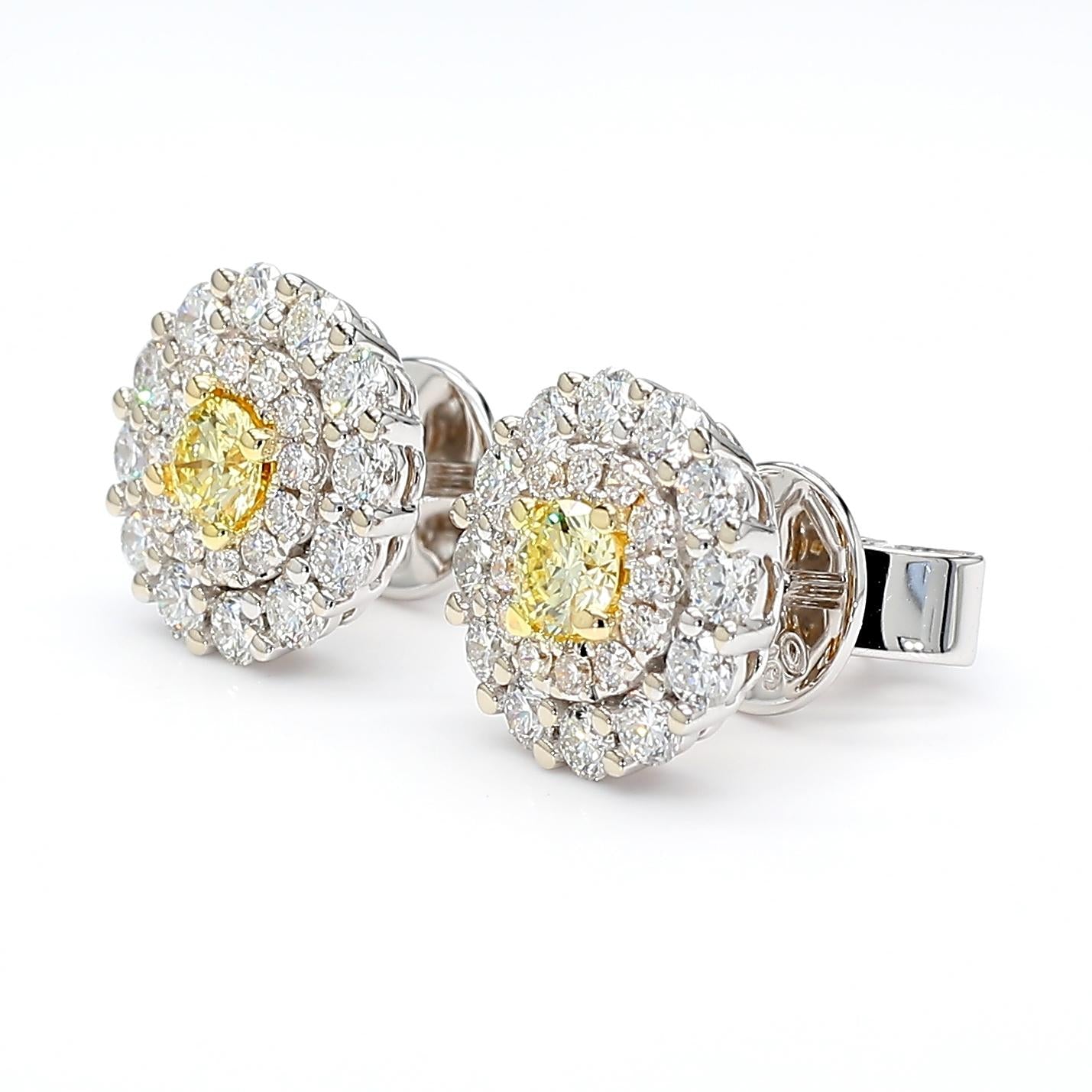 Natural Yellow Round Diamond 1.17 Carat TW Gold Stud Earrings