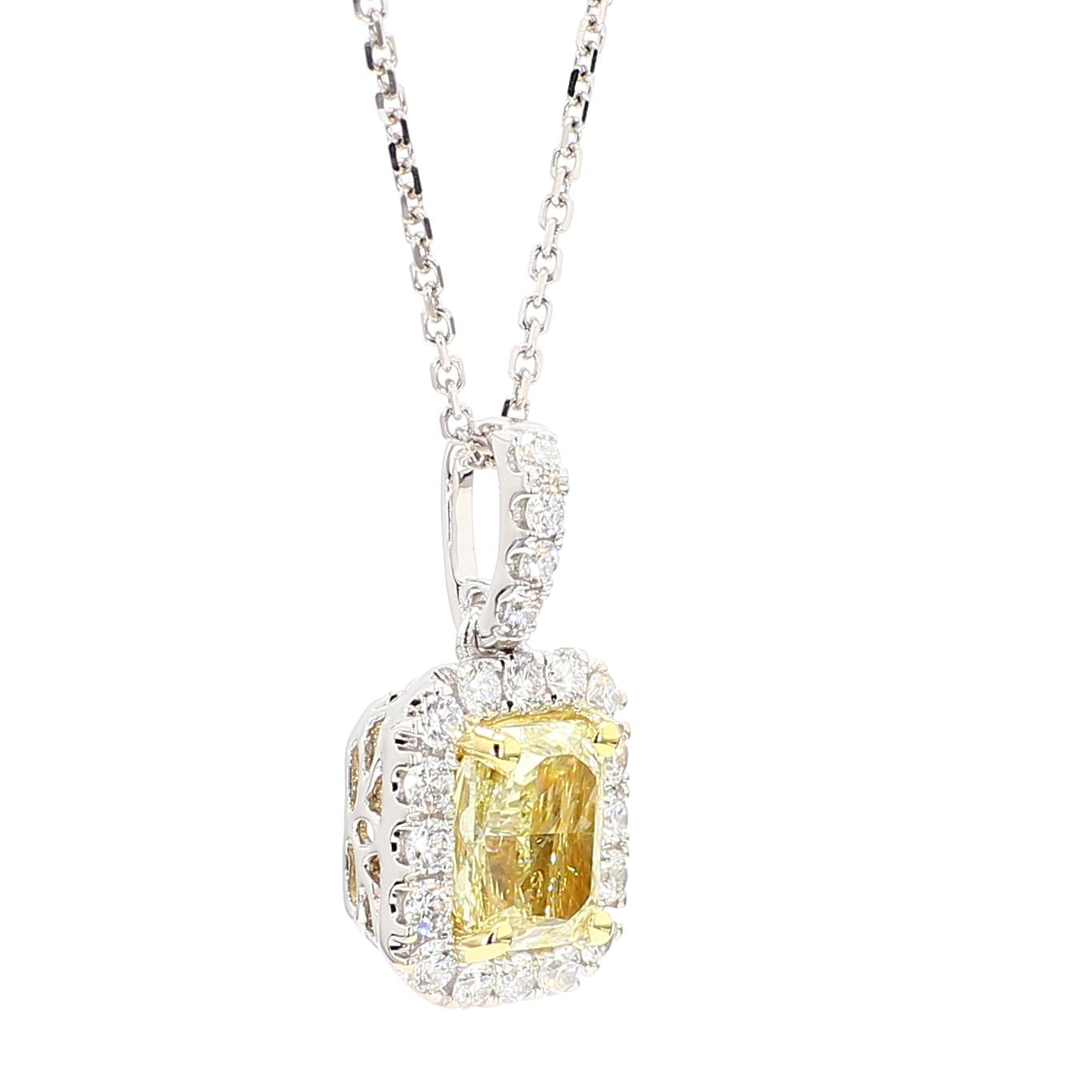 GIA Certified Natural Yellow Radiant Diamond 1.96 Carat TW Gold Drop Pendant
