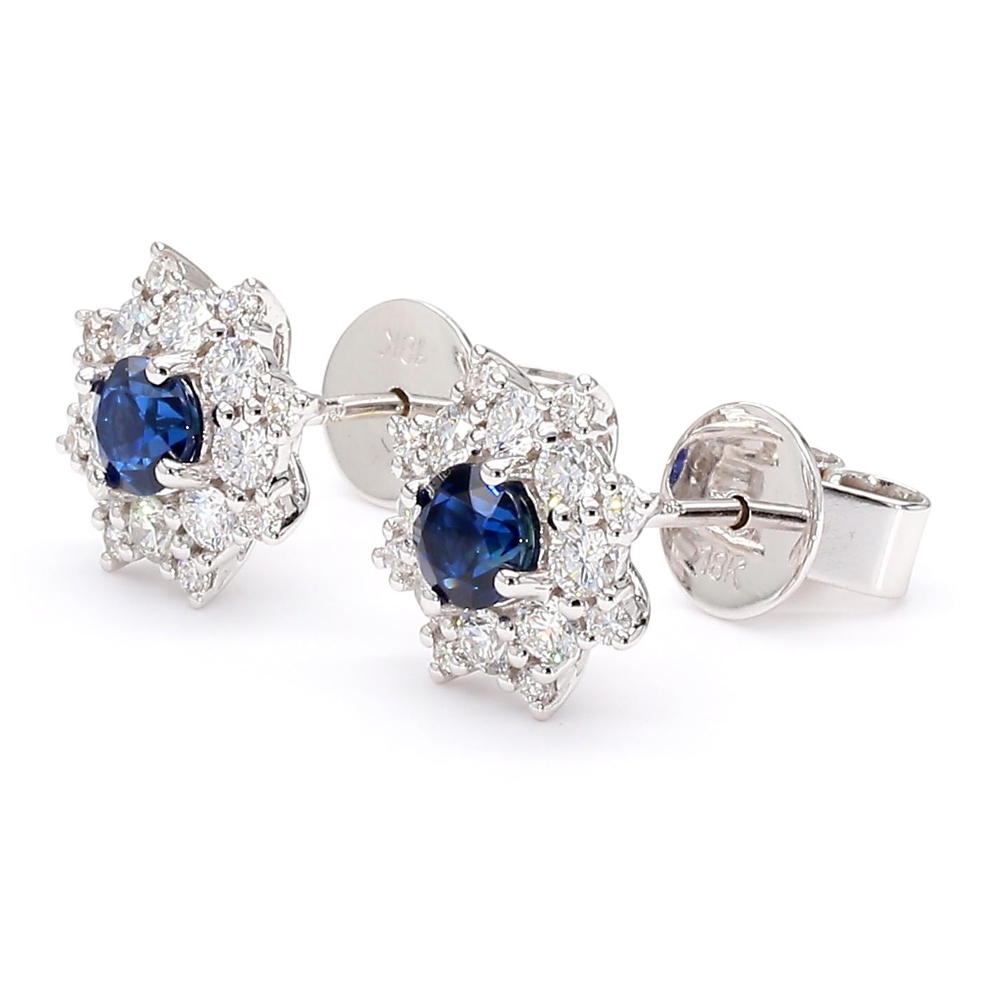 Natural Blue Round Sapphire and Diamond 1.26 Carat TW Gold Stud Earrings
