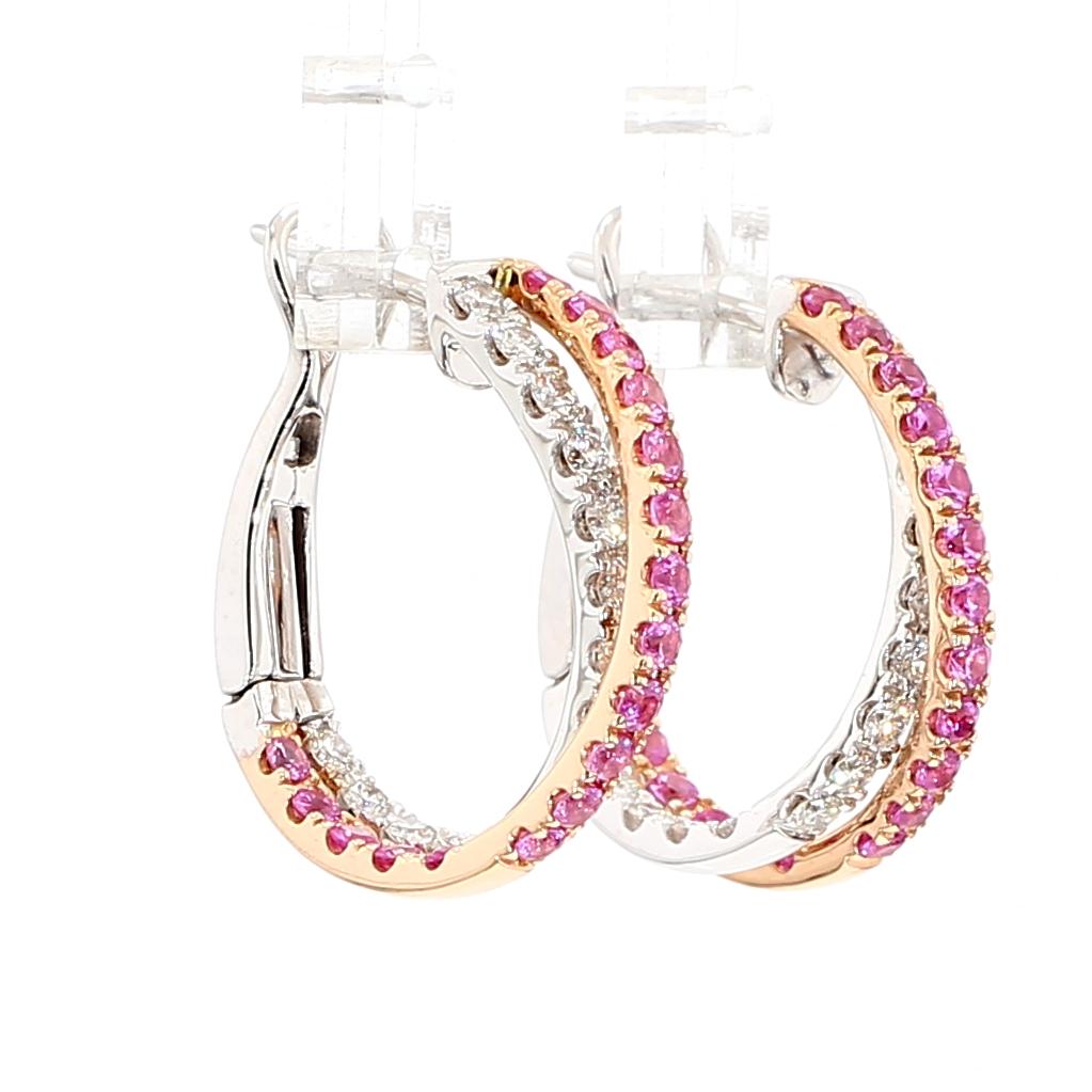 Natural Pink Round Sapphire and Diamond 1.93 Carat TW Gold Hoop Earrings