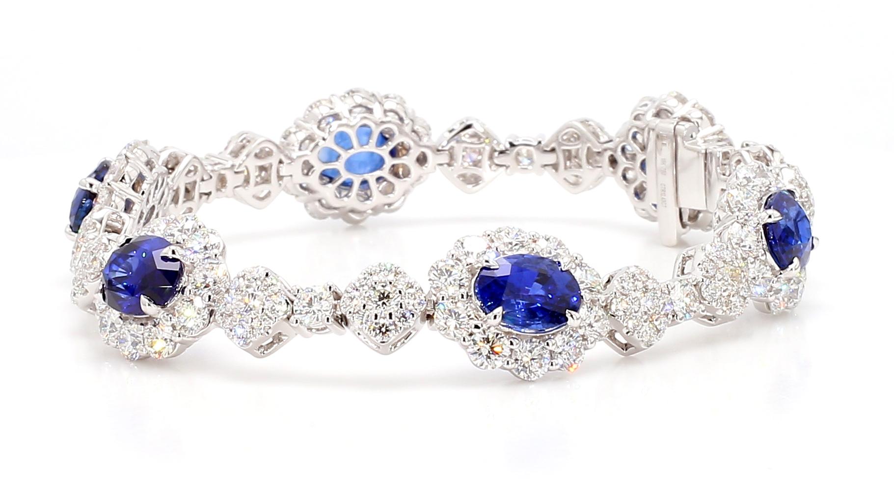 GIA Natural Blue Oval Sapphire and Diamond 21.69 Carat TW Gold Bracelet