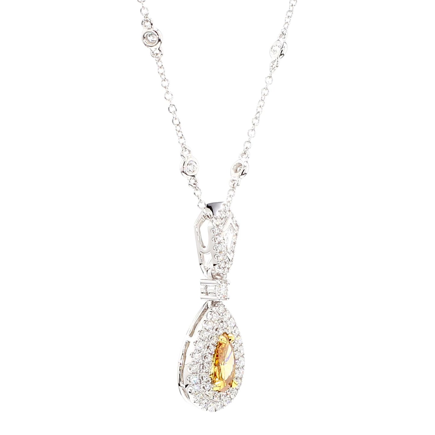 GIA Natural Fancy Vivid Yellow-Orange Pear Diamond 1.69 Carat TW Gold Necklace