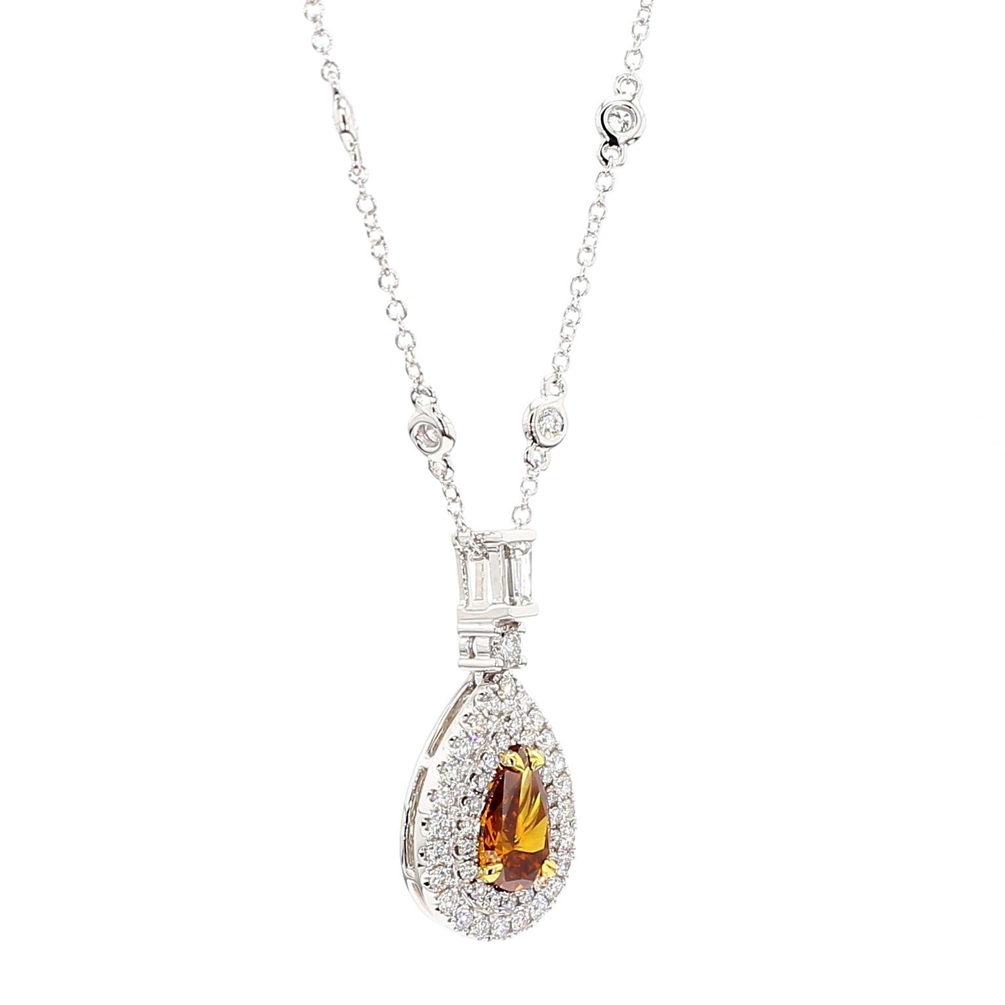 GIA Fancy Deep Brownish Yellowish Orange Pear Diamond 1.95 CTS Gold Necklace