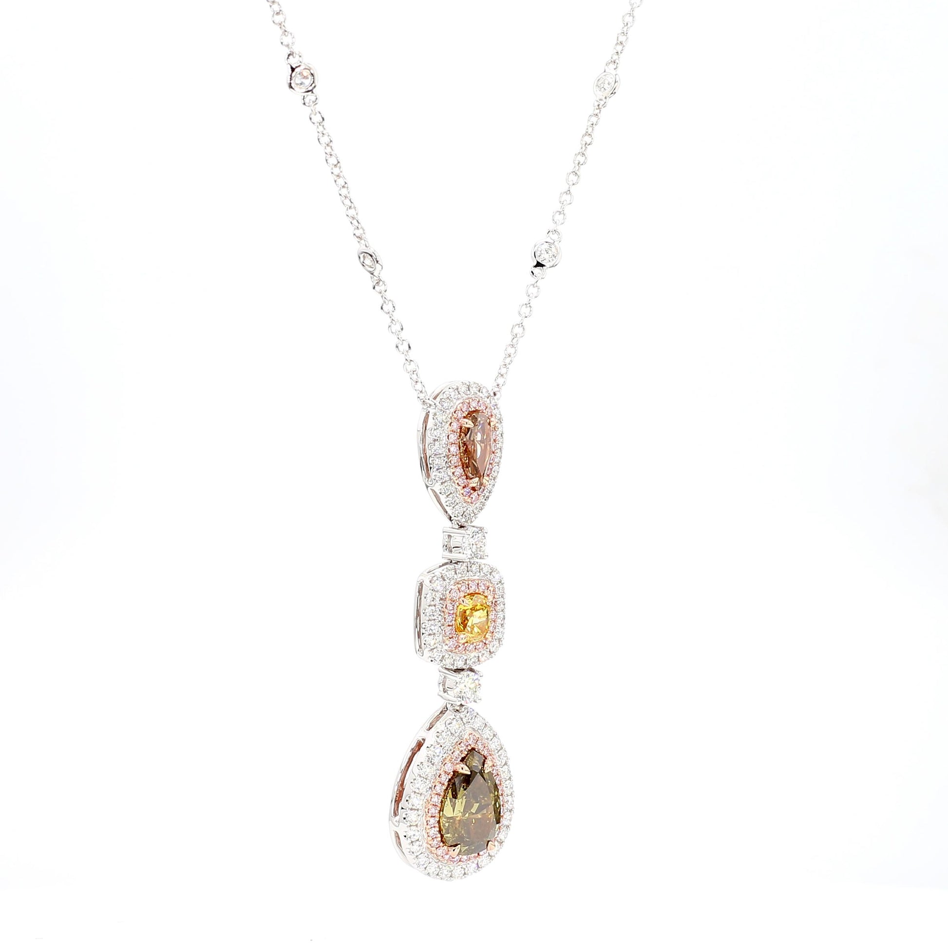 GIA Fancy Deep Brownish Greenish Yellow Pear Diamond 5.52 CTS Gold Necklace
