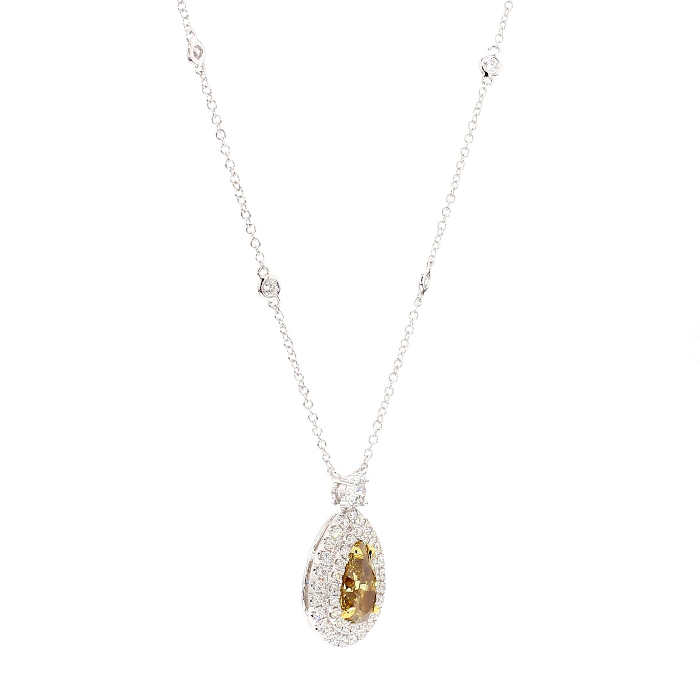 GIA Natural Fancy Deep Brownish Yellow Pear Diamond 3.27 Carat TW Gold Necklace