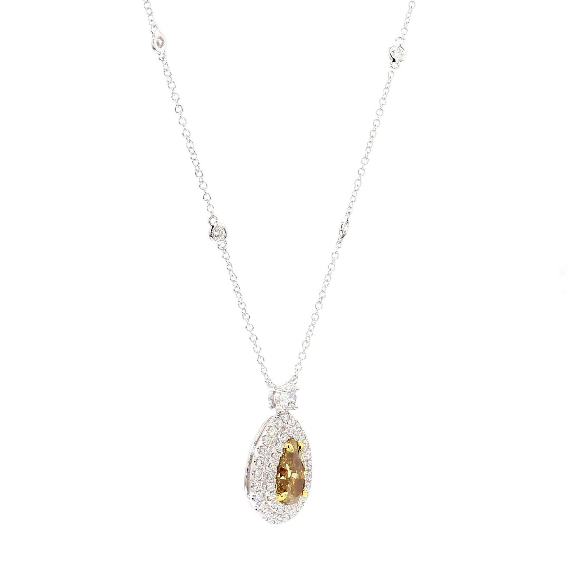 GIA Natural Fancy Deep Brownish Yellow Pear Diamond 3.27 Carat TW Gold Necklace