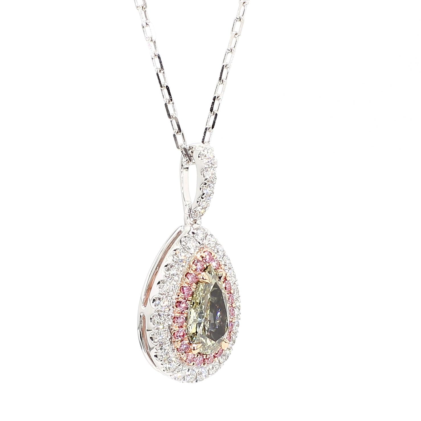 GIA Natural Fancy Grayish Yellowish Green Pear Diamond 1.20 Carat Gold Pendant