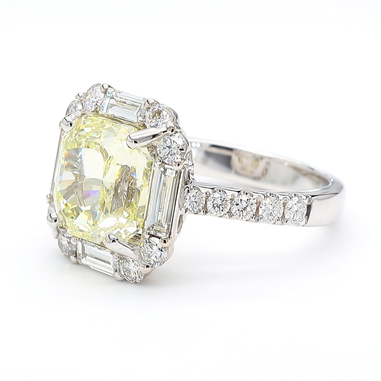 GIA Certified Natural Light Yellow Radiant Diamond 5.11 Carat TW Gold Ring