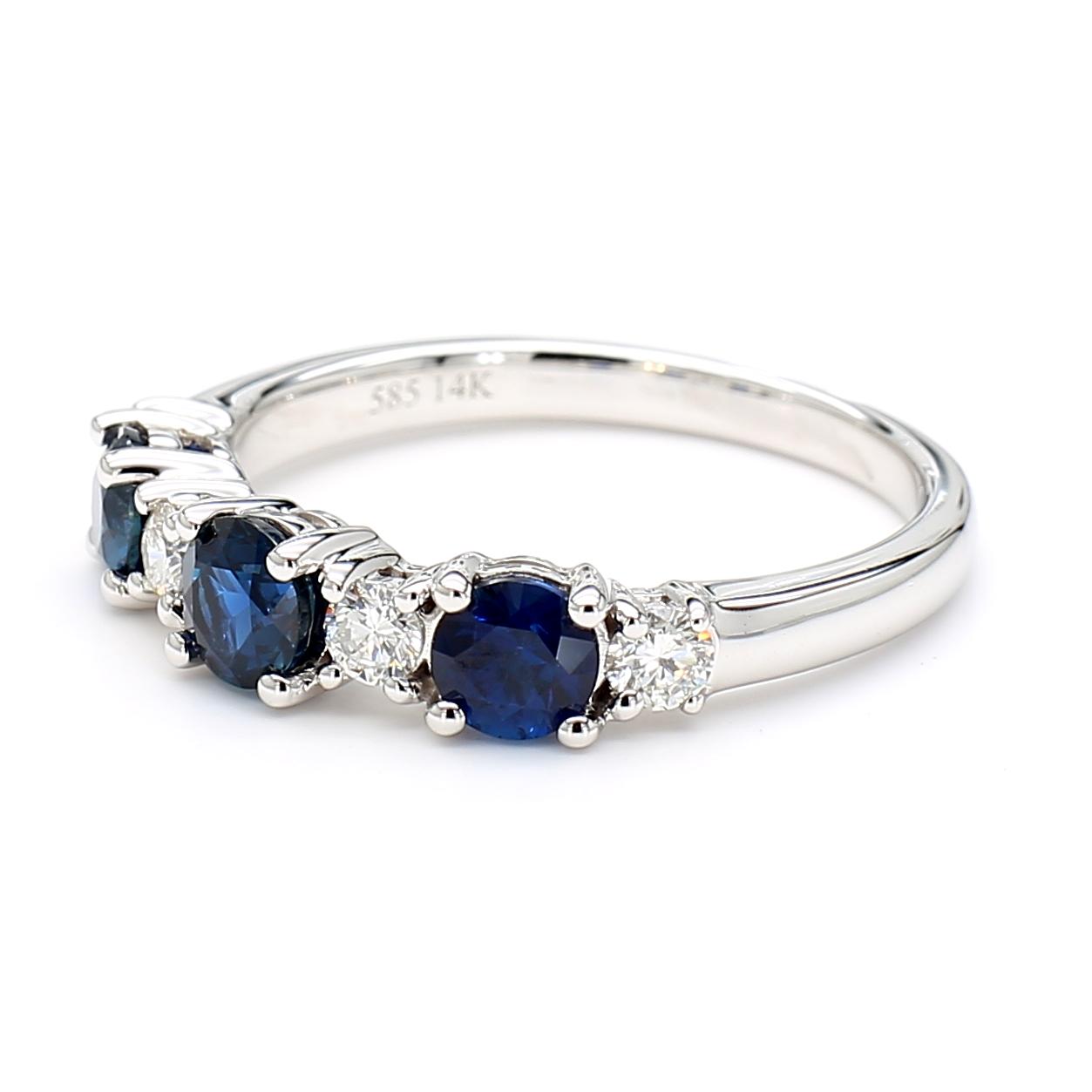 Natural Blue Round Sapphire and White Diamond 1.25 Carat TW Gold Cocktail Ring