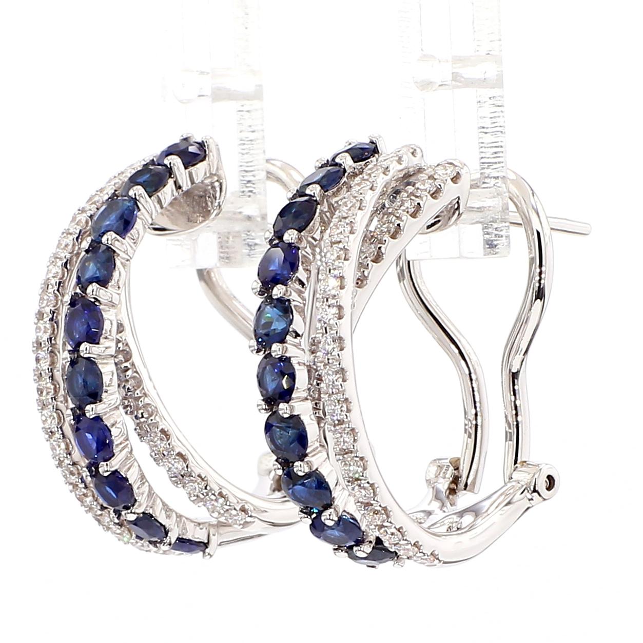 Natural Blue Round Sapphire and Diamond 1.76 Carat TW Gold Hoop Earrings