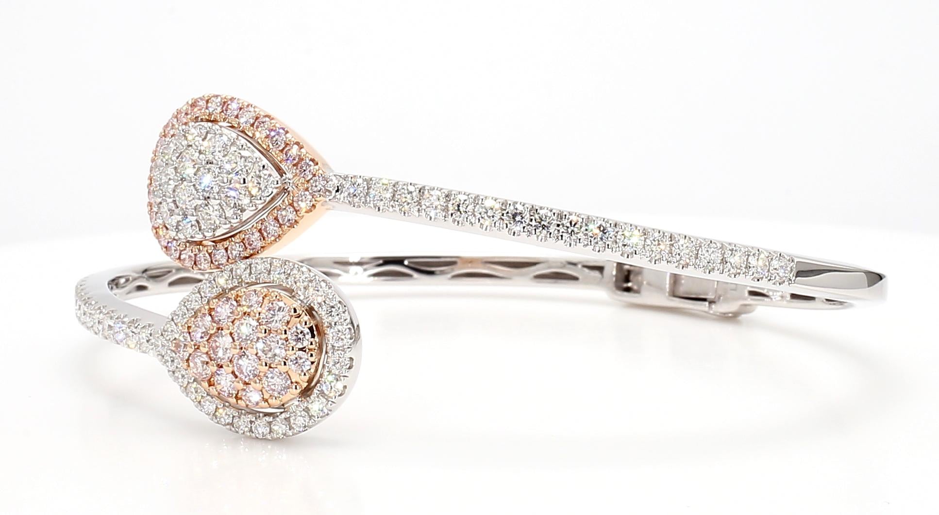 Natural Pink Round and White Diamond 2.65 Carat TW Gold Cuff Bracelet