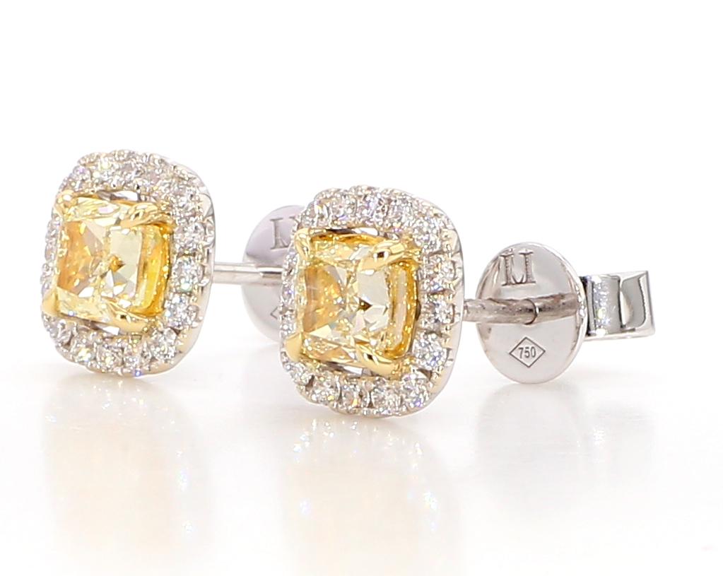 Natural Yellow Cushion and White Diamond 1.66 Carat TW Gold Stud Earrings