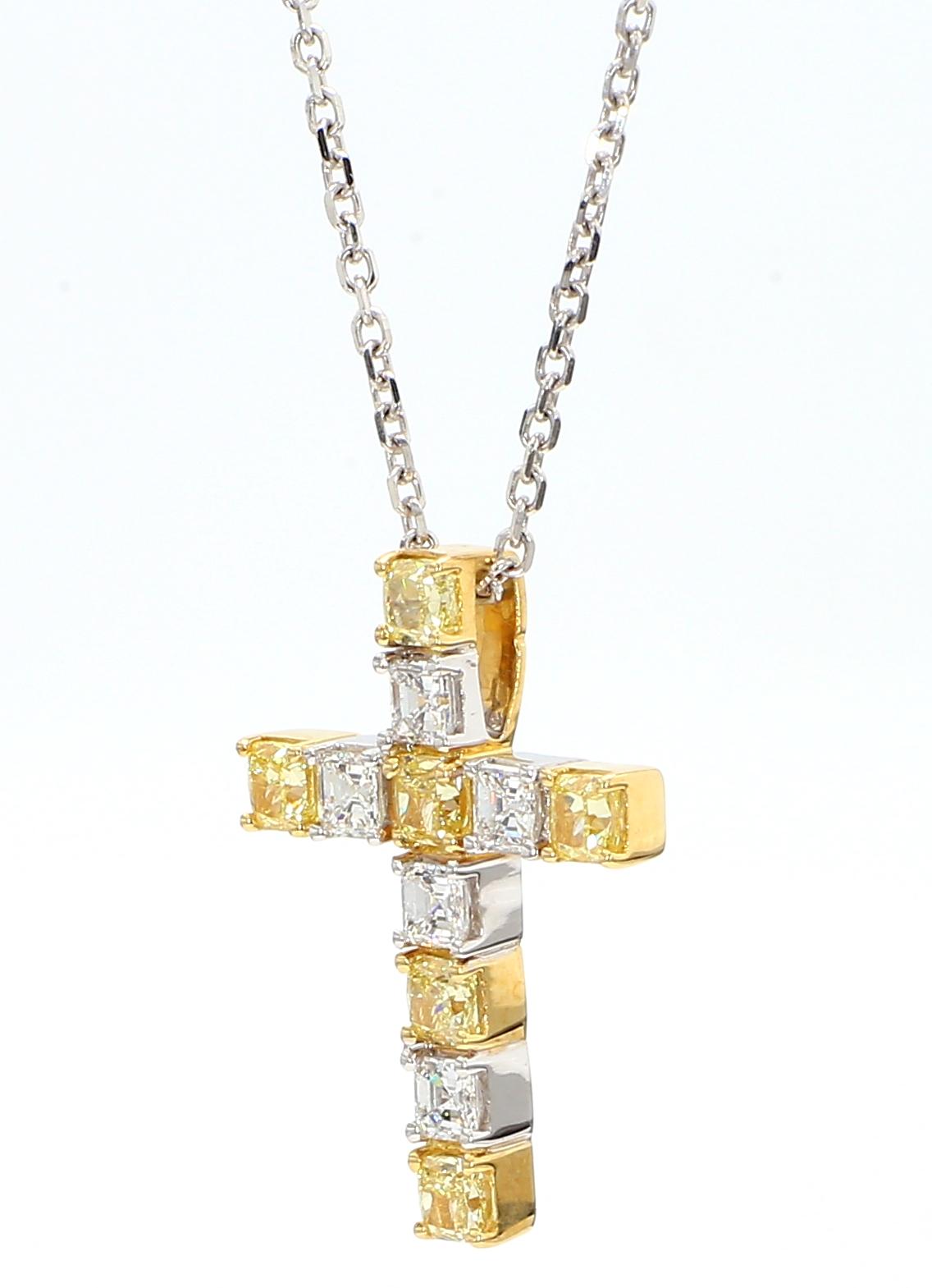 Natural Yellow Cushion and White Diamond 1.48 Carat TW Gold Cross Pendant