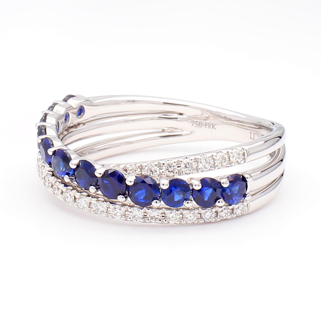 Natural Blue Round Sapphire and White Diamond 0.93 Carat TW Gold Cocktail Band