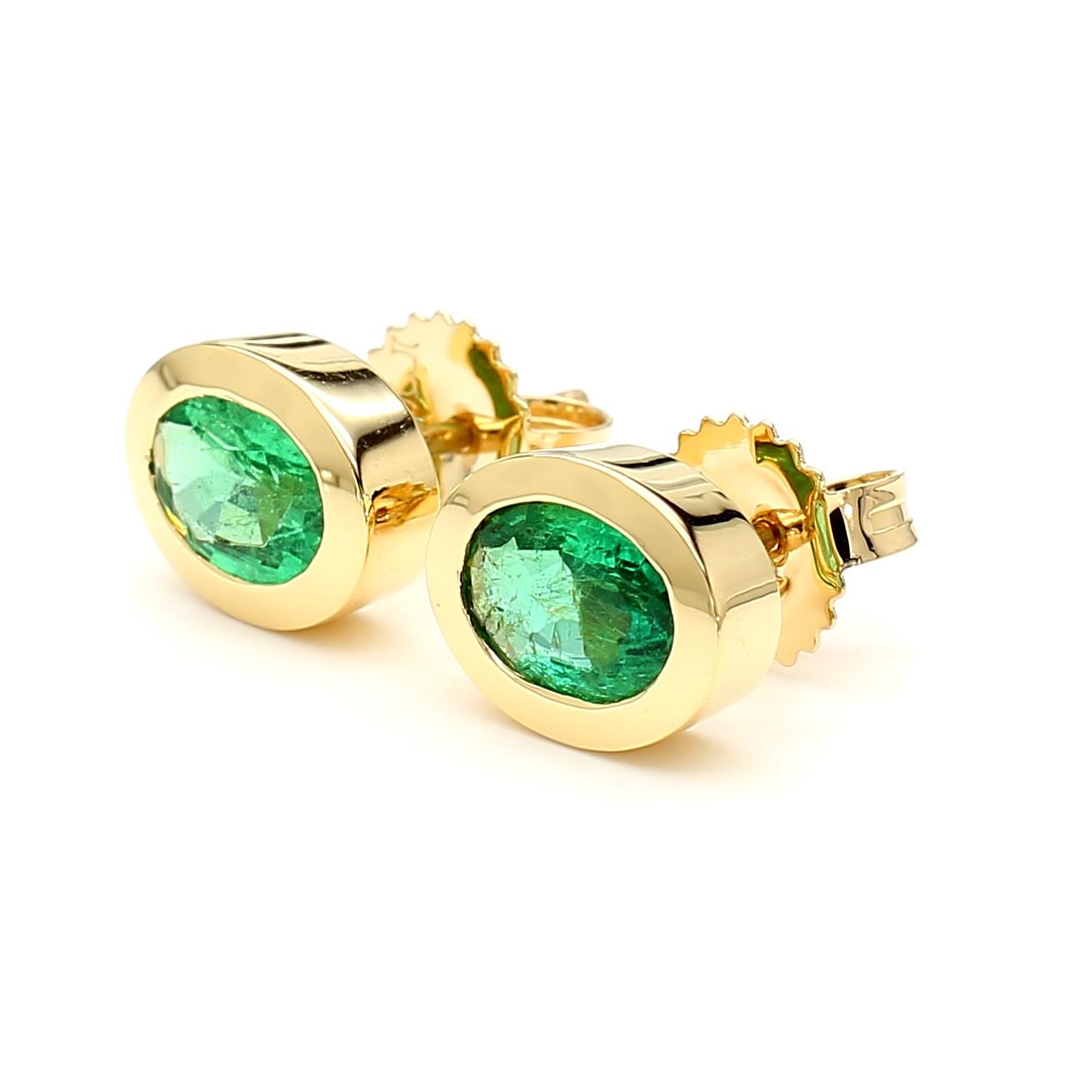 Natural Oval Emerald 1.32 Carat TW Gold Stud Earrings