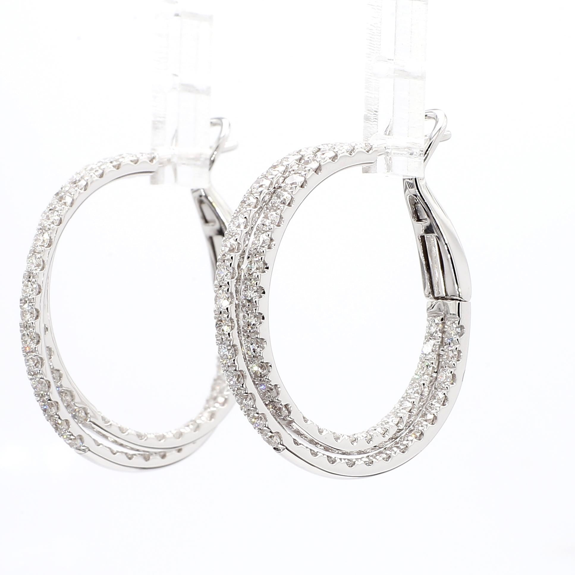 Natural White Round Diamond 2.61 Carat TW White Gold Hoop Earrings