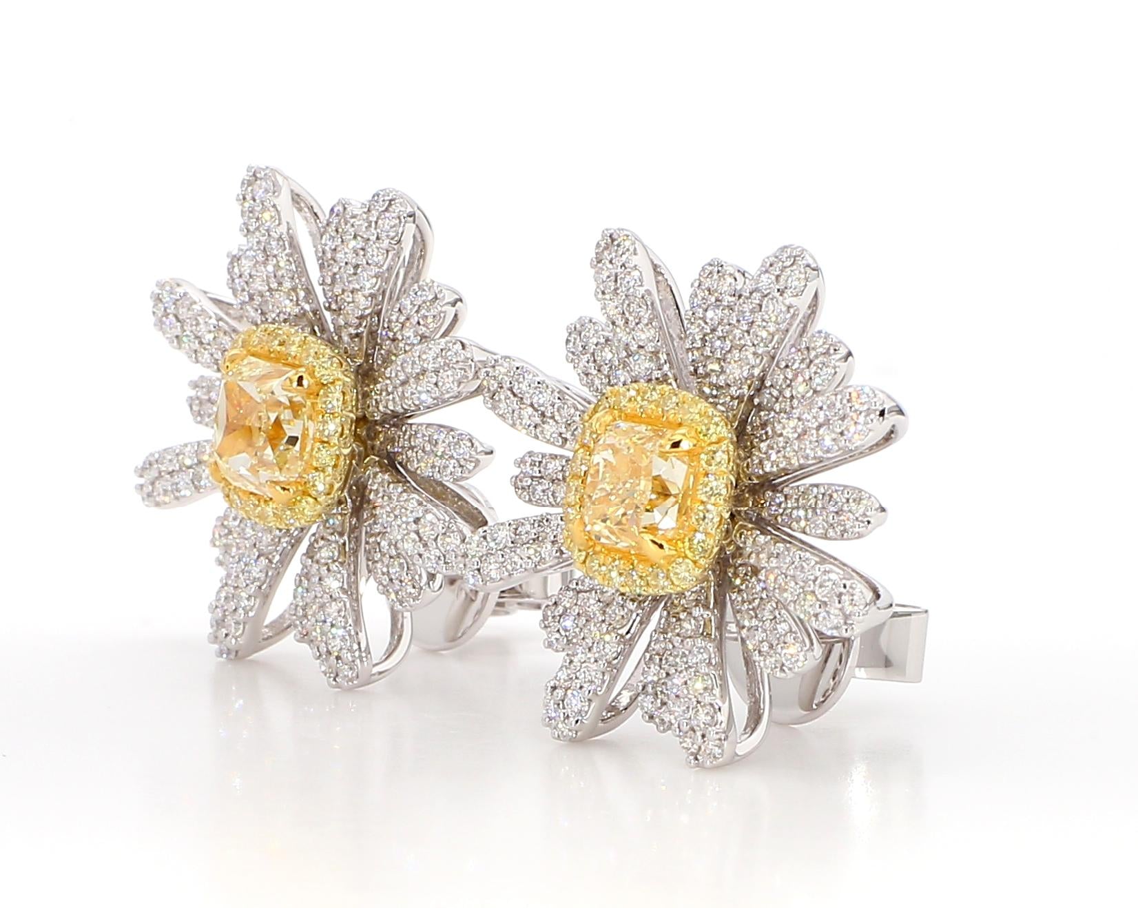 GIA Certified Natural Yellow Cushion Diamond 3.44 Carat TW Gold Stud Earrings