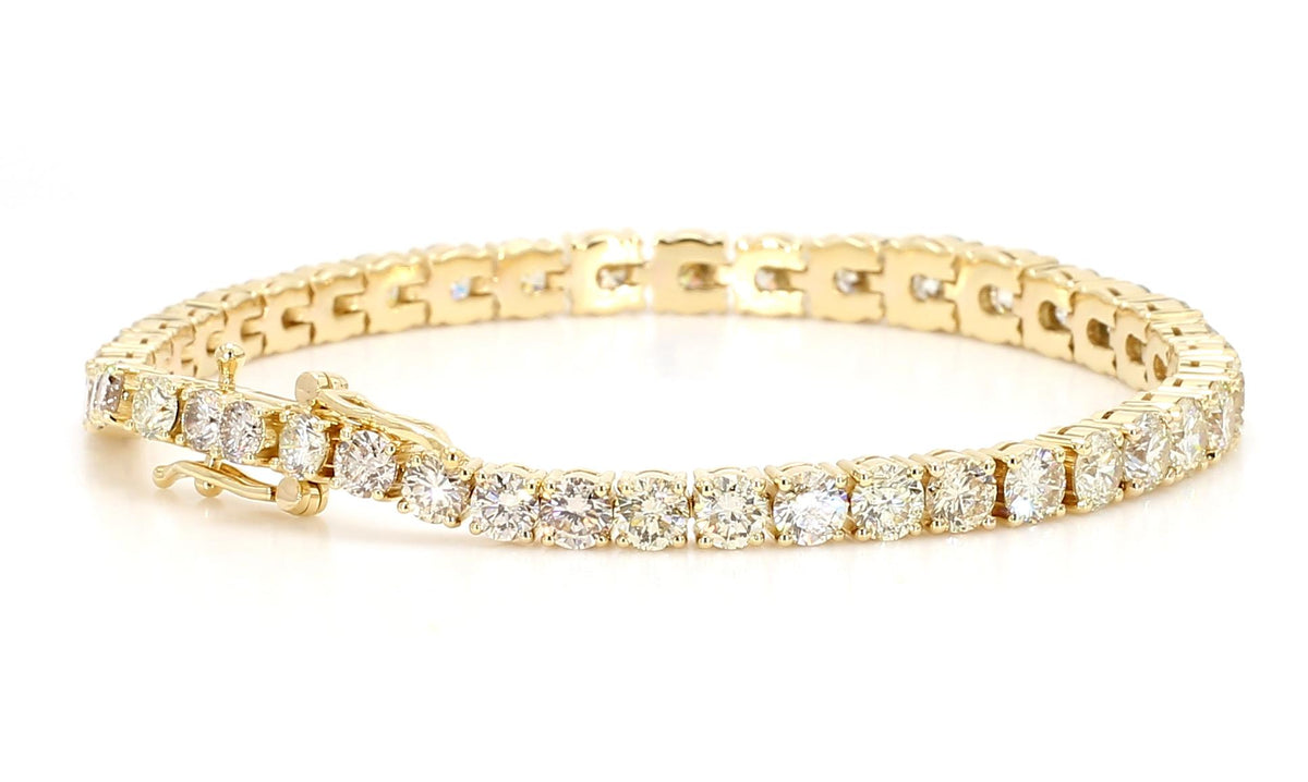 Natural White Round Diamond 10.95 Carat TW Yellow Gold Tennis Bracelet