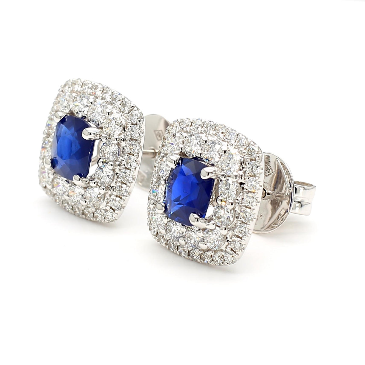 Natural Blue Cushion Sapphire and White Diamond 3.62 Carat TW Gold Stud Earrings