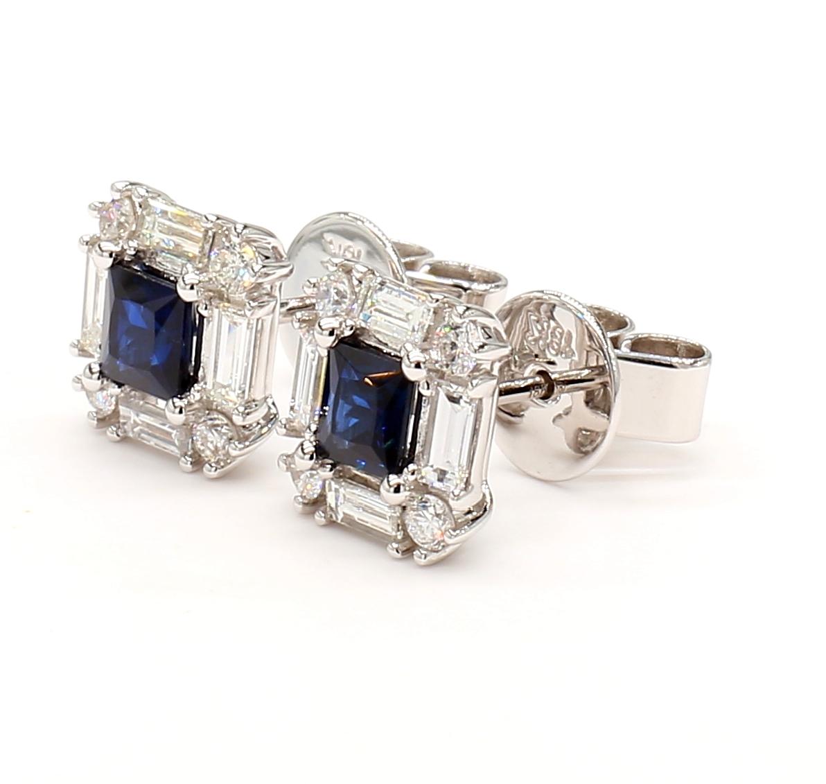 Natural Blue Princess Sapphire and White Diamond 1.4 Carat TW Gold Stud Earrings