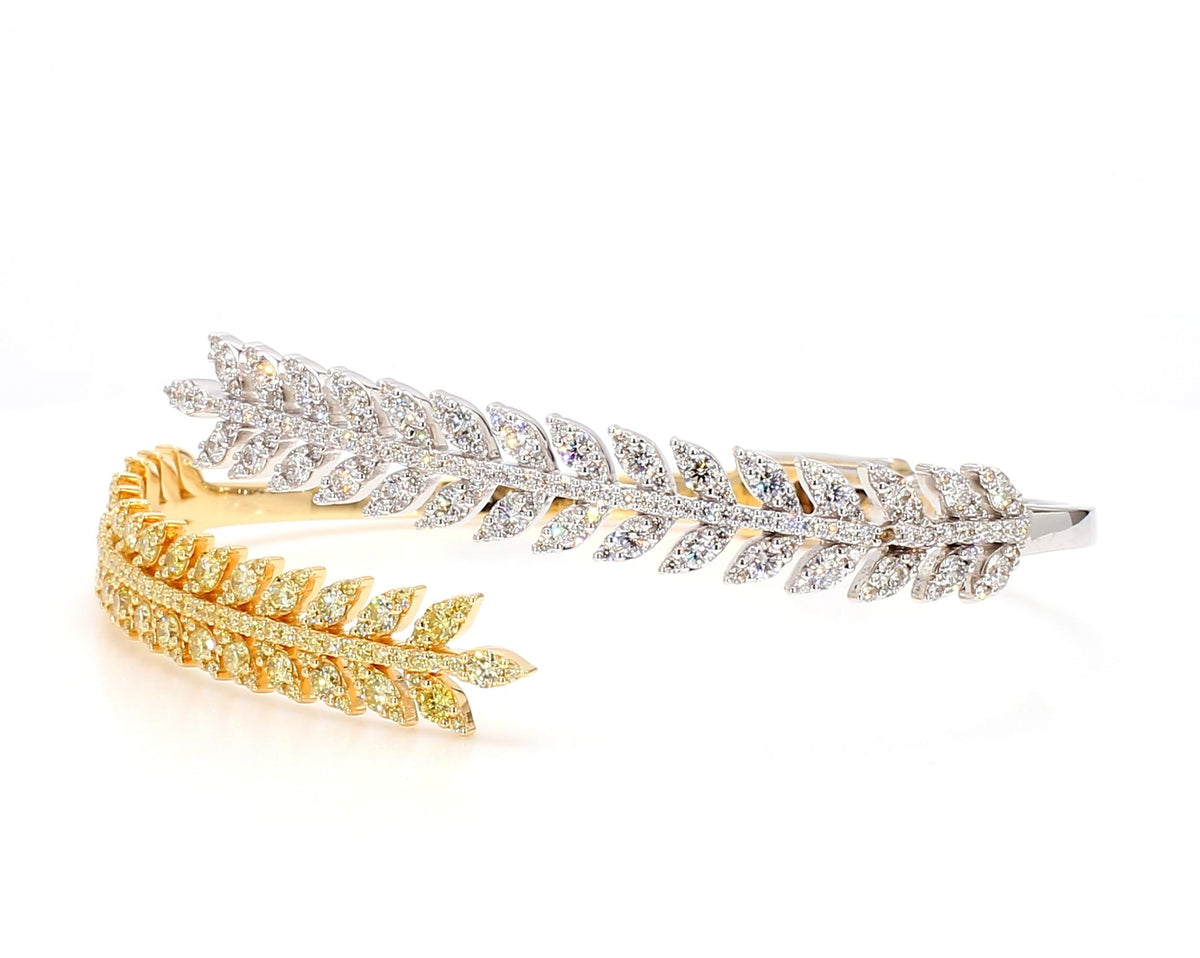 Natural Yellow Round and White Diamond 3.44 Carat TW Gold Cuff Bracelet