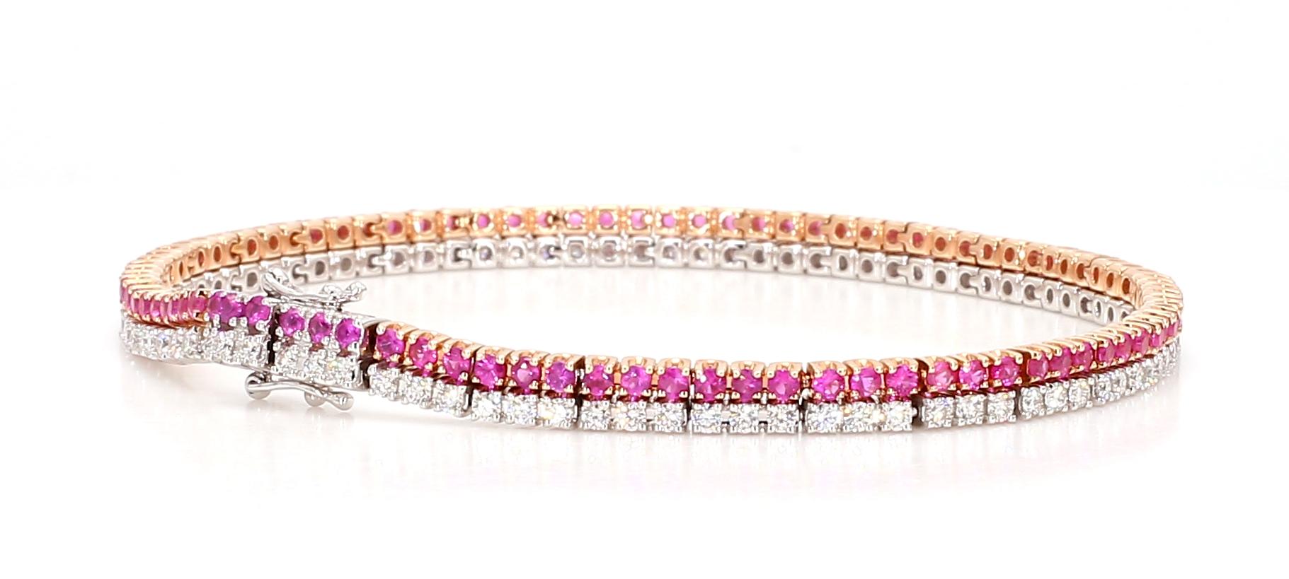 Natural Pink Round Sapphire and White Diamond 3.50 Carat TW Gold Tennis Bracelet