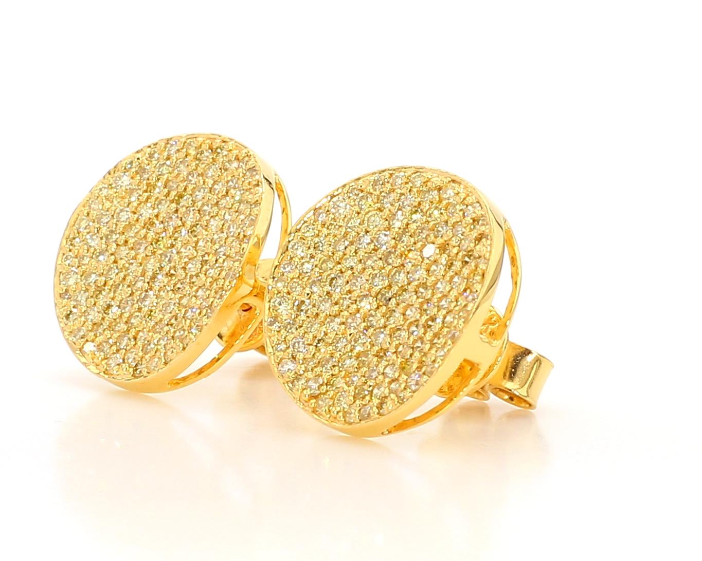 Natural Yellow Round Diamond 1.32 Carat TW Yellow Gold Stud Earrings