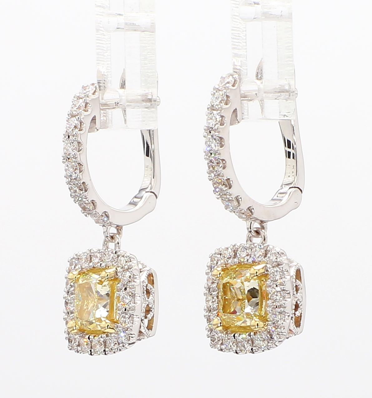 GIA Certified Natural Yellow Cushion Diamond 2.16 Carat TW Gold Drop Earrings