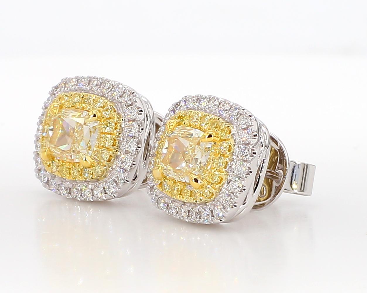 GIA Certified Natural Yellow Cushion Diamond 2.20 Carat TW Gold Stud Earrings