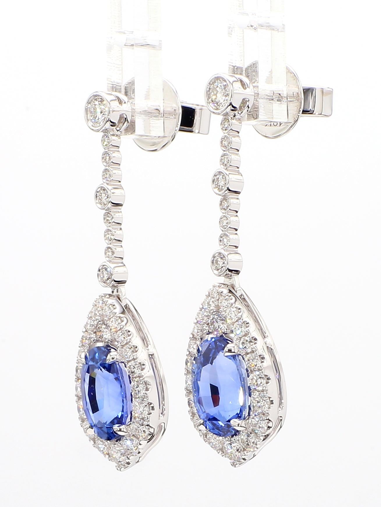 Natural Blue Oval Sapphire and White Diamond 5.20 Carat TW Gold Drop Earrings