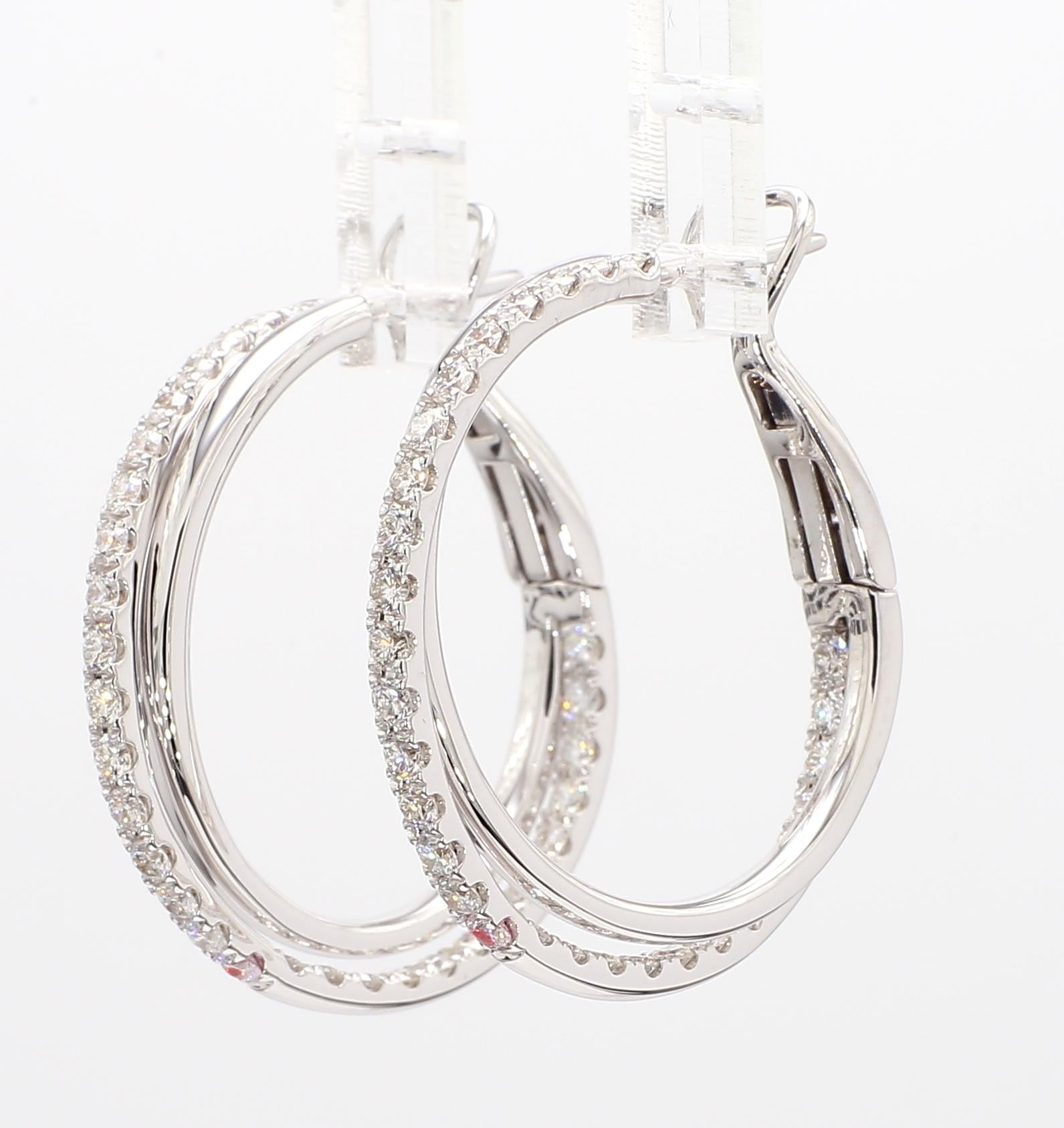 Natural White Round Diamond 1.45 Carat TW White Gold Loop Earrings
